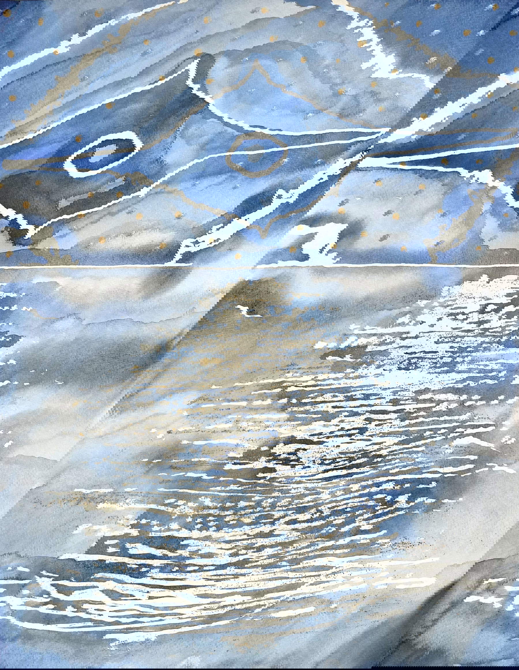 Elena El Asmar, Castiglioncello (2025; acuarela, rotuladores dorados sobre papel montado en lienzo, 32 x 24 cm)