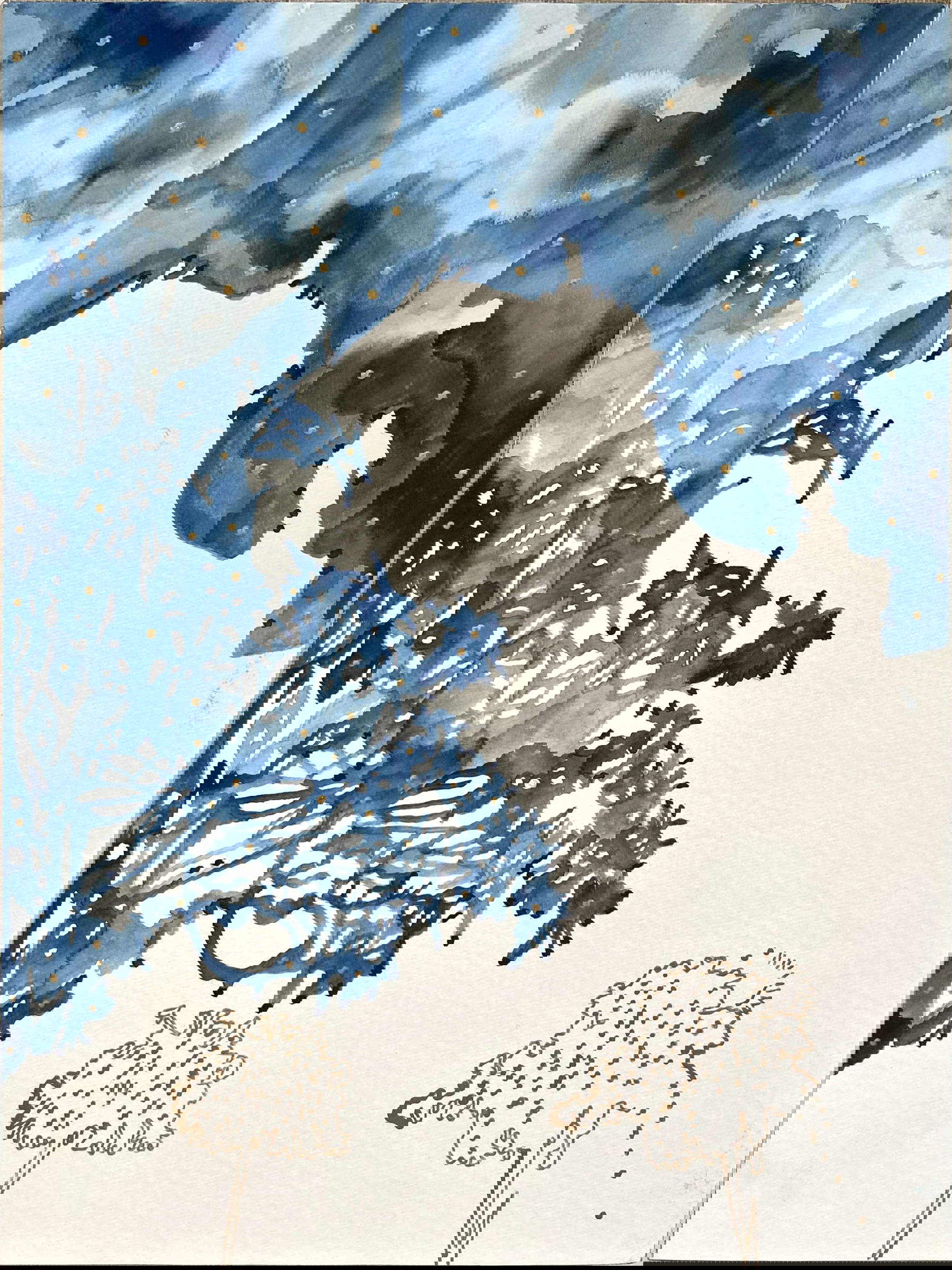 Elena El Asmar, Otranto (2023; acuarela, rotuladores dorados sobre papel montado en lienzo, 32 x 24 cm)