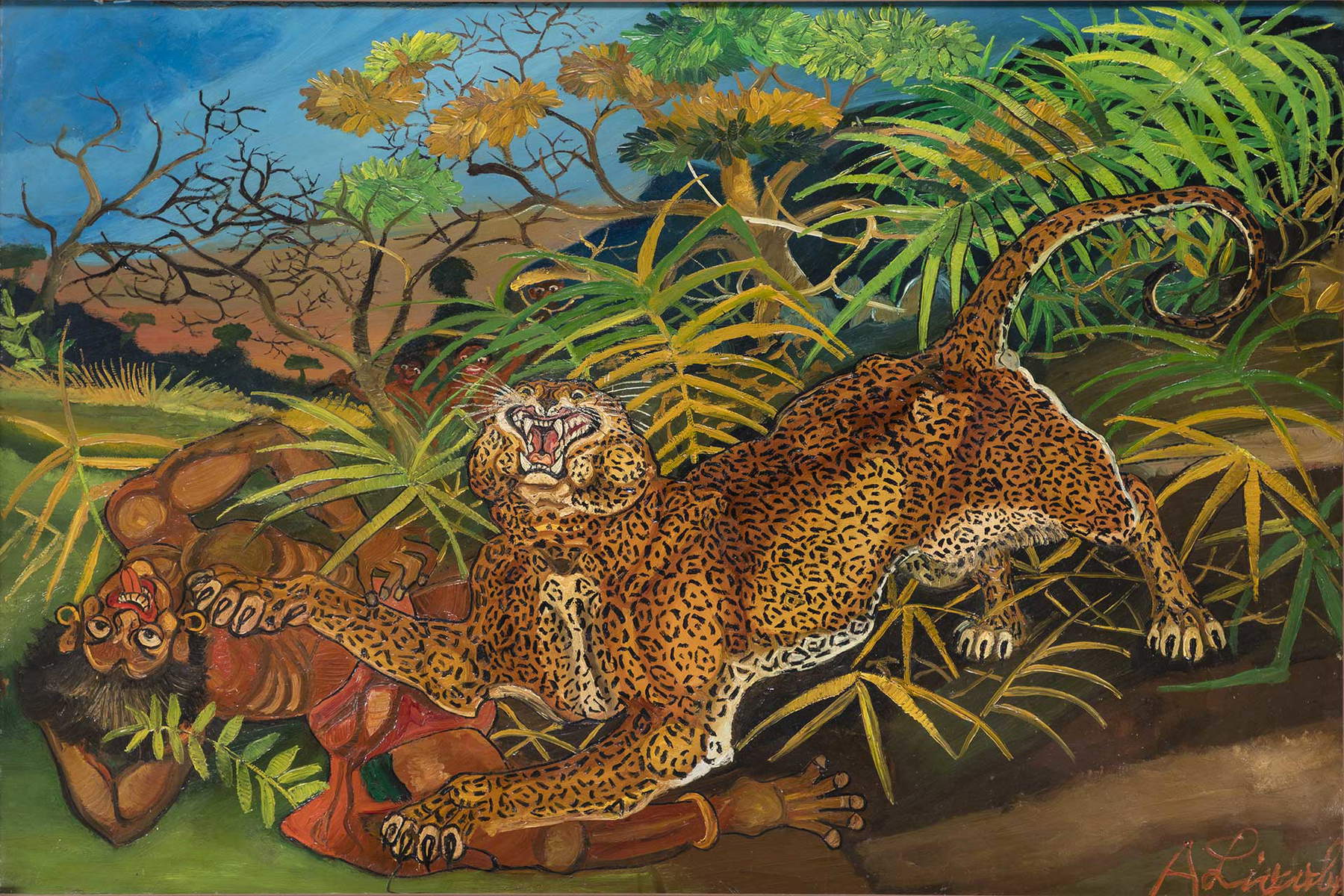 Antonio Ligabue, Leopardo con indigeno (1956; olio su faesite, 87 x 130 cm)