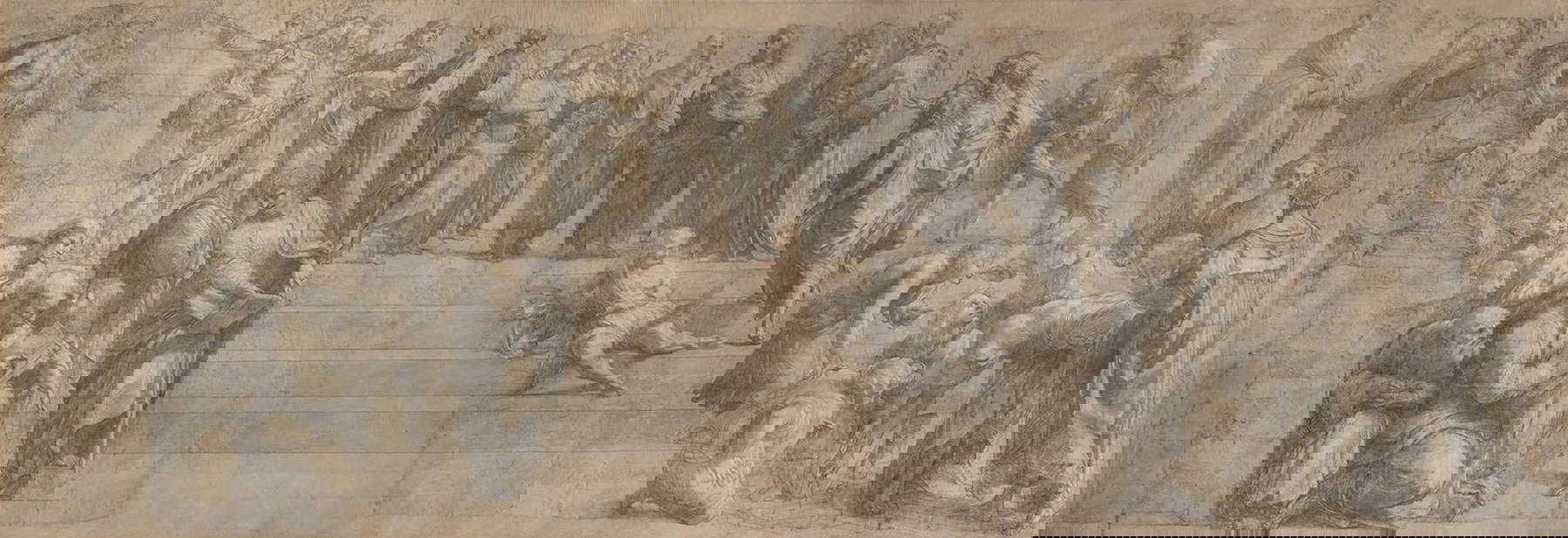 Raphael, School of Athens, preparatory cartoon (c. 1505-1510; charcoal, pencil, red pencil, white lead on multiple sheets of paper glued to canvas, 795 x 274.5 cm; Milan, Pinacoteca Ambrosiana)