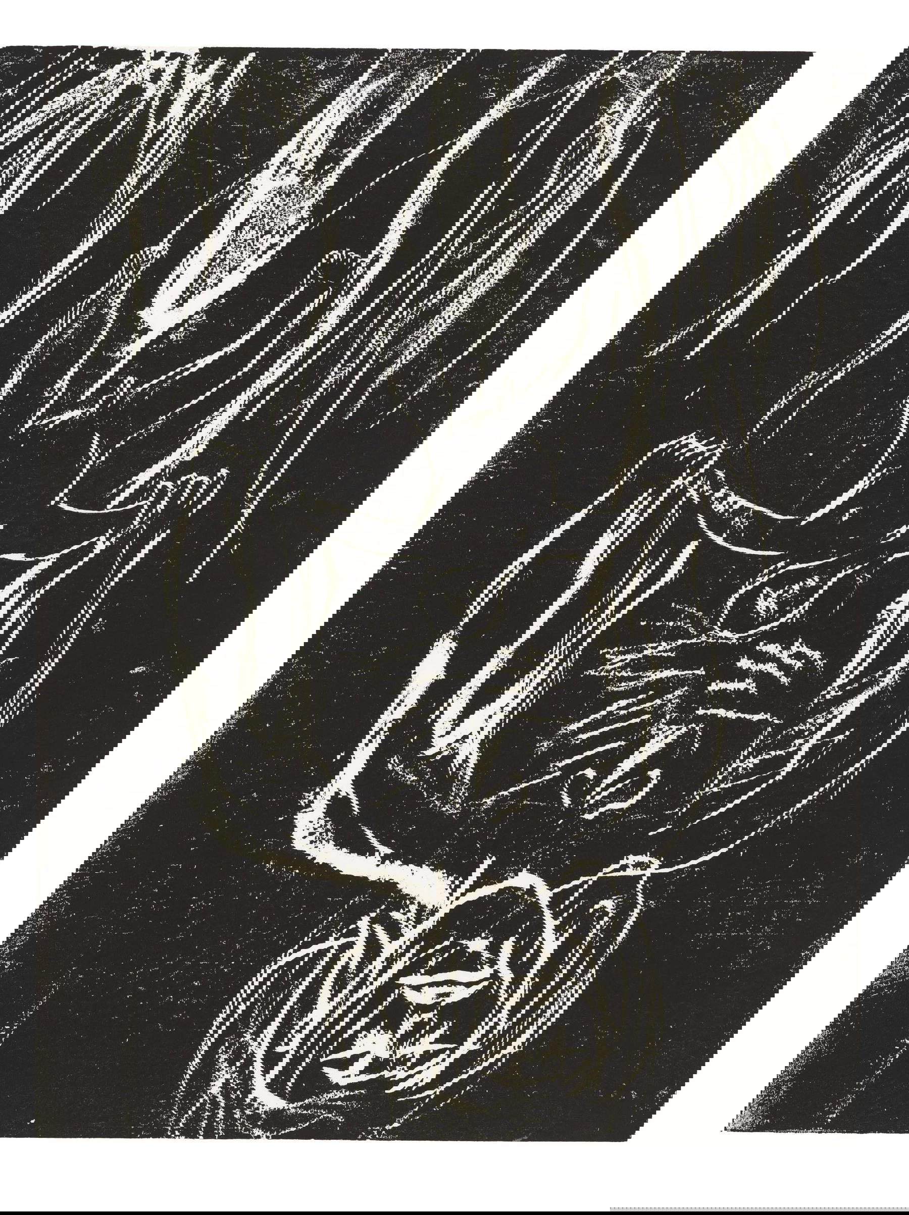 Georg Baselitz, Schwarze Mutter, schwarzes Kind (Mère noire, enfant noir) (1985 ; gravure sur bois ; collection privée) &copy; Georg Baselitz 2026 Photo : G. Michaloudis, farbanalyse, K&ouml;ln