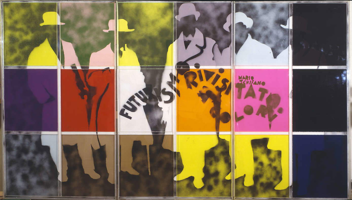 Mario Schifano, Futurism Revisited in Color (1965; spray and perspex on canvas, 177.3 &times; 307 cm; Private Collection) &copy; MARIO SCHIFANO, by SIAE &copy; Archivio Mario Schifano