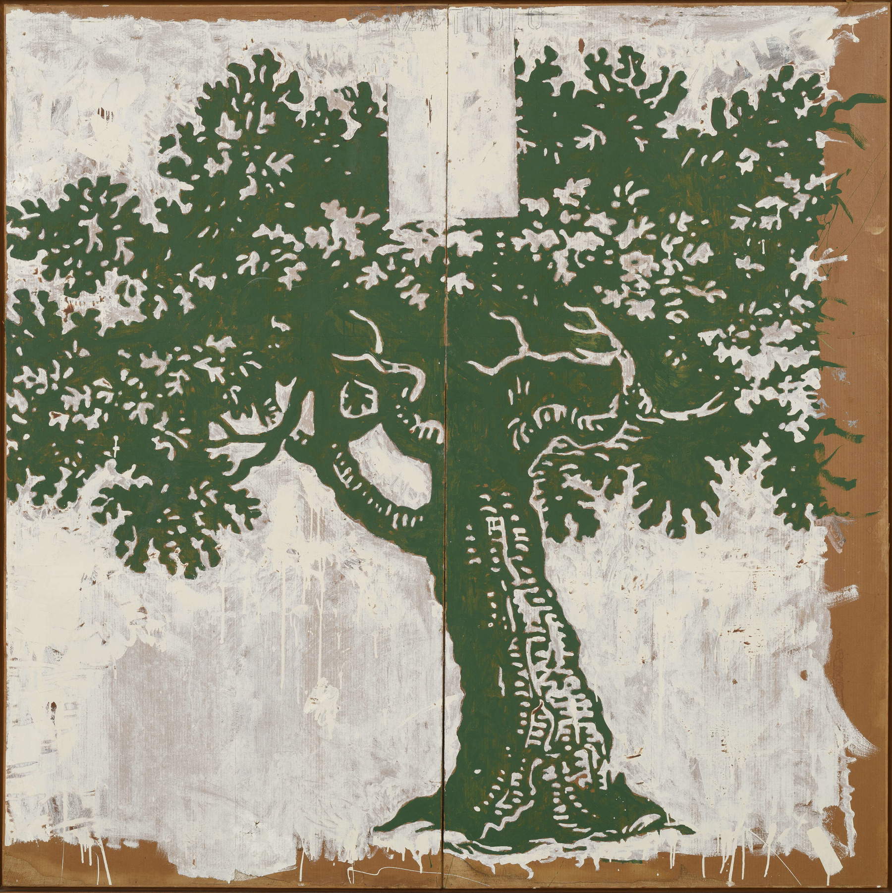 Mario Schifano, Untitled (Beebe's tree) (1963; enamel and graphite on paper applied to canvas, 200 &times; 200 cm; Private Collection). Photo credit: Giorgio Benni &copy; MARIO SCHIFANO, by SIAE &copy; Mario Schifano Archives.
