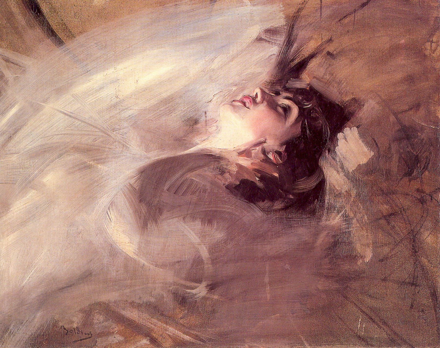 Giovanni Boldini, Busto de chica tumbada (c. 1912; óleo sobre lienzo, 64,2 x 80,5 cm; Zola Pedrosa, Ca' la Ghironda - Museo de Arte Moderno)