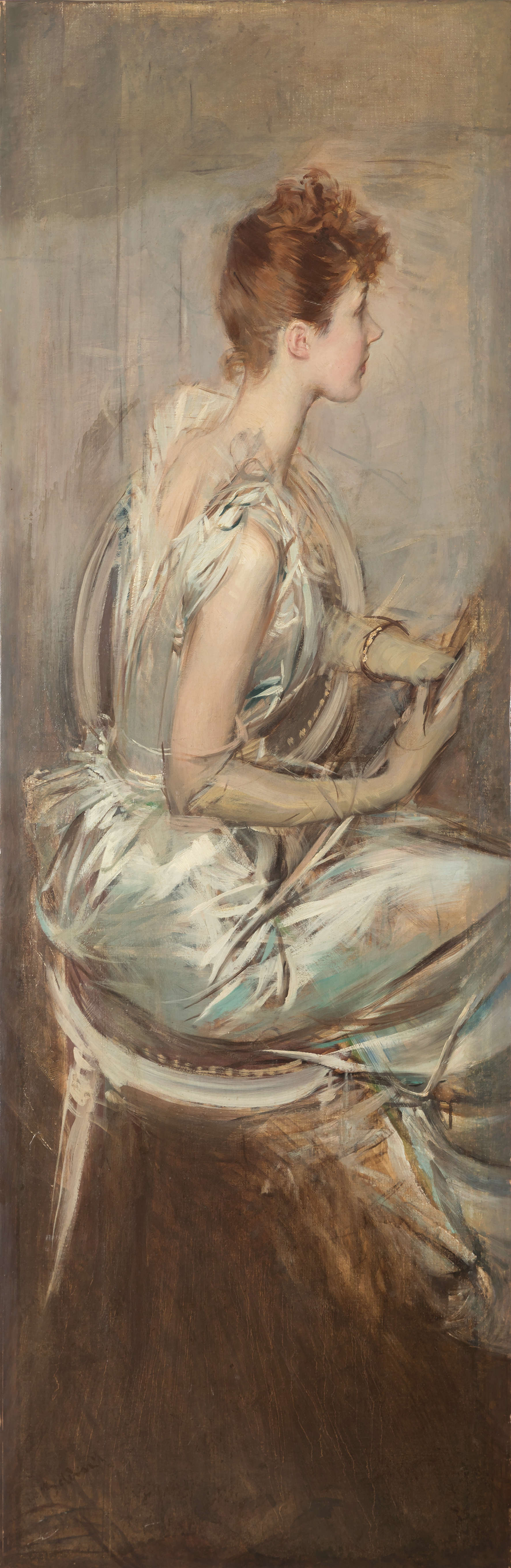 Giovanni Boldini, Condesa Berthier de Leusse sentada (1889-1890; óleo sobre lienzo, 182 x 59 cm; colección privada, en depósito en el Museo Giovanni Boldini, Ferrara)