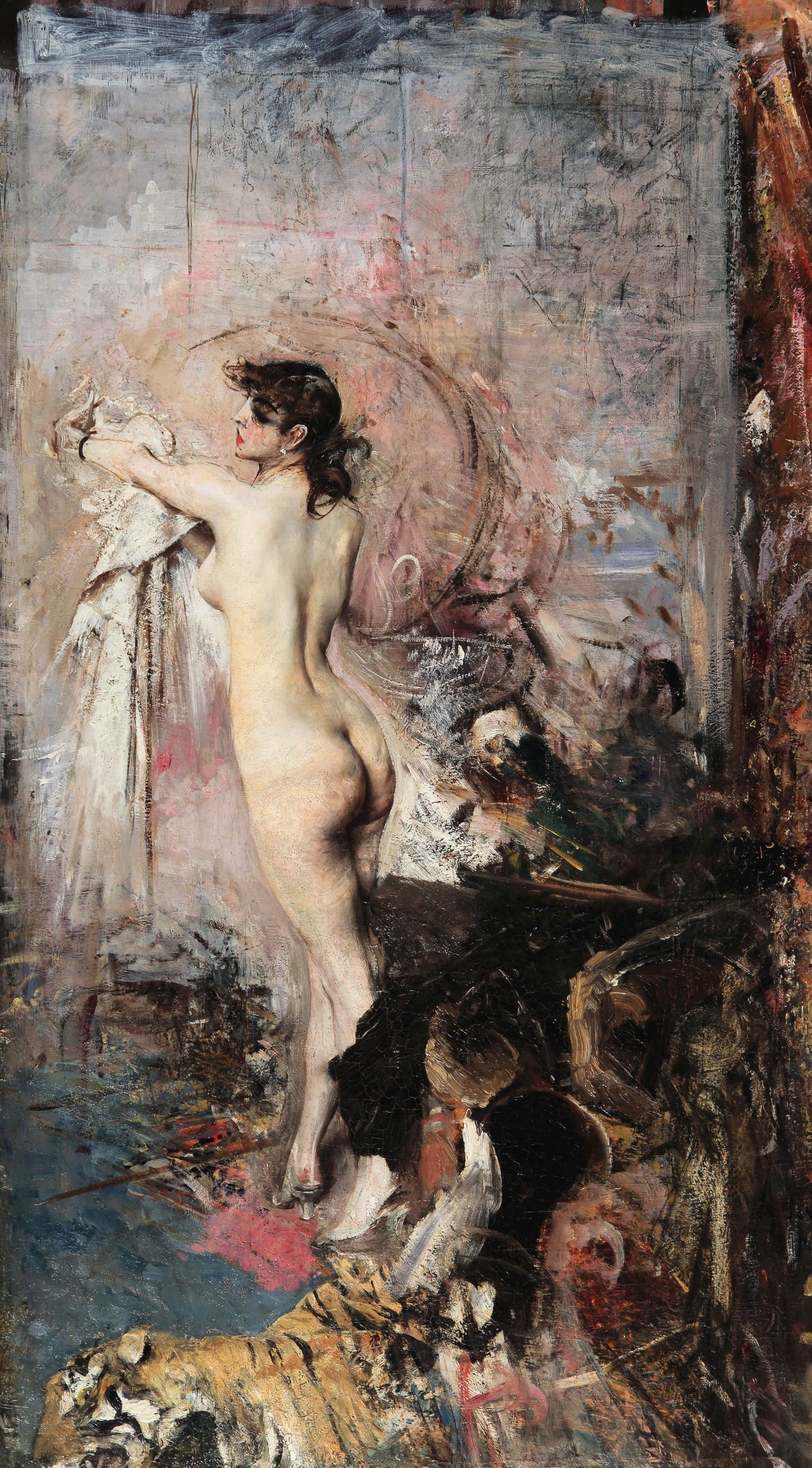 Giovanni Boldini, Después del baño (1880-1888; óleo sobre lienzo, 114 x 65 cm; Colección particular). Concesión de Enrico Gallerie d'Arte.