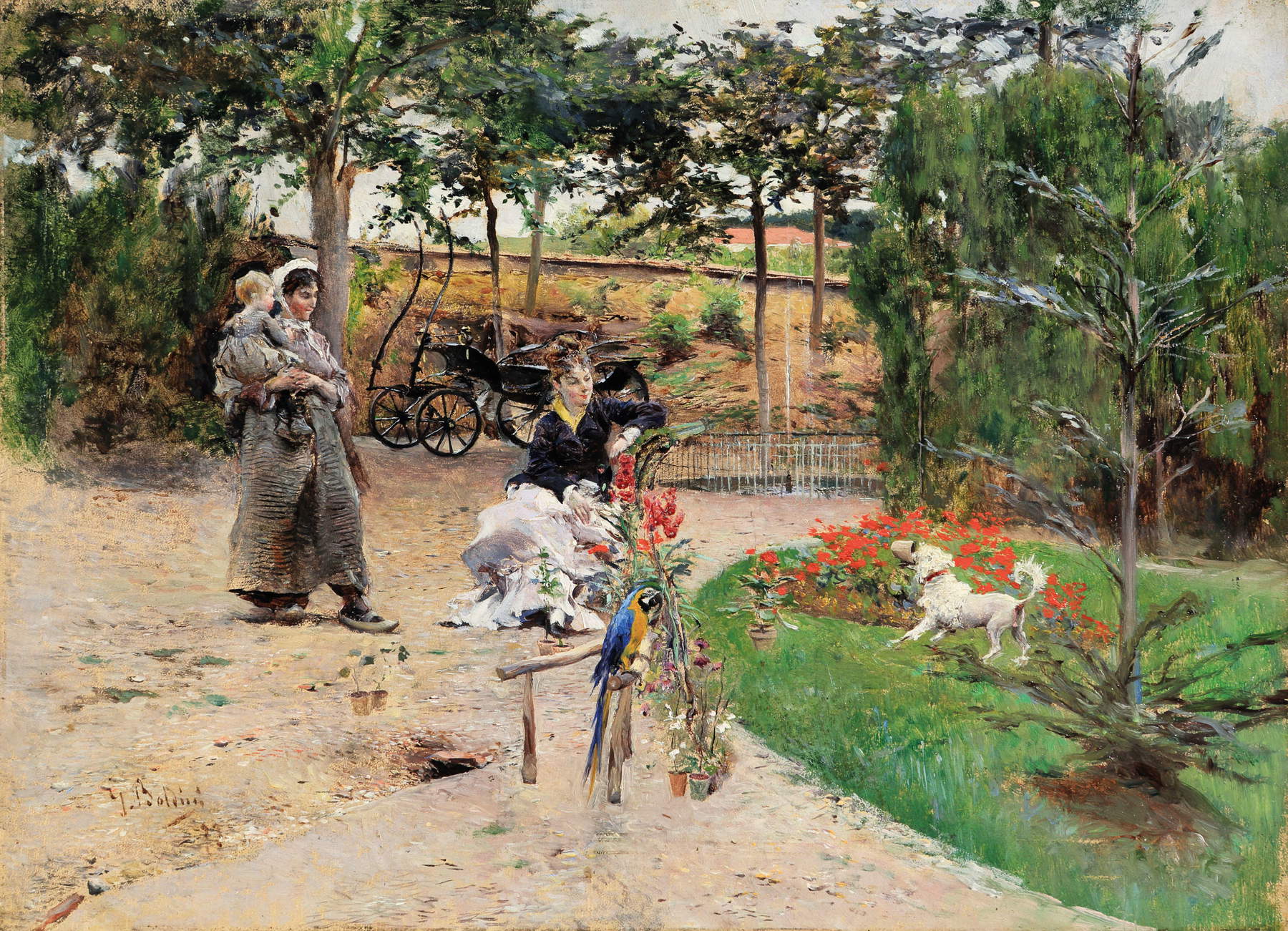 Giovanni Boldini, En el jardín (1873; óleo sobre tabla, 18 x 24,4 cm; colección particular). Concesión de Enrico Gallerie d'Arte.