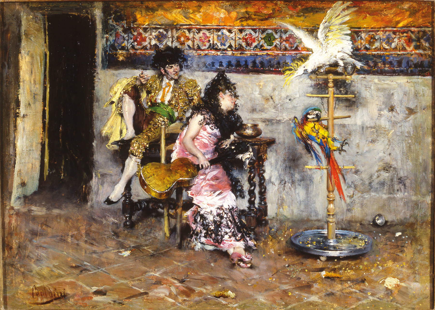 Giovanni Boldini, El matador (Pareja vestida a la española con dos loros) (1872-1873; óleo sobre lienzo, 26 x 35,2 cm; Génova, Colección de la Galería BPER Banca)