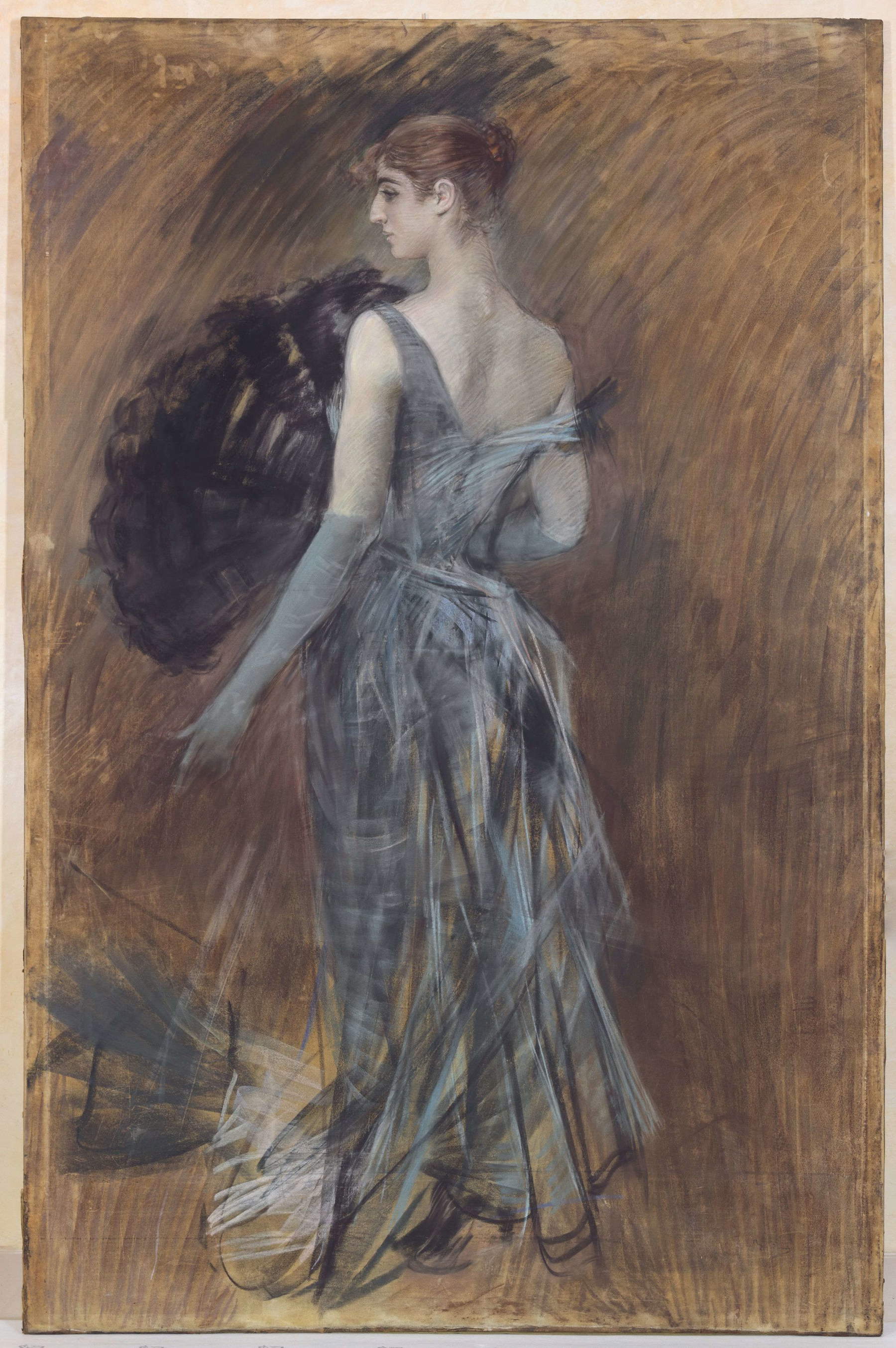 Giovanni Boldini, Dama rubia en traje de noche (c. 1895; pastel sobre papel encolado sobre lienzo, 220 x 150 cm; Parma, Colección de Arte de la Fundación Cariparma, Donación Renato Bruson)