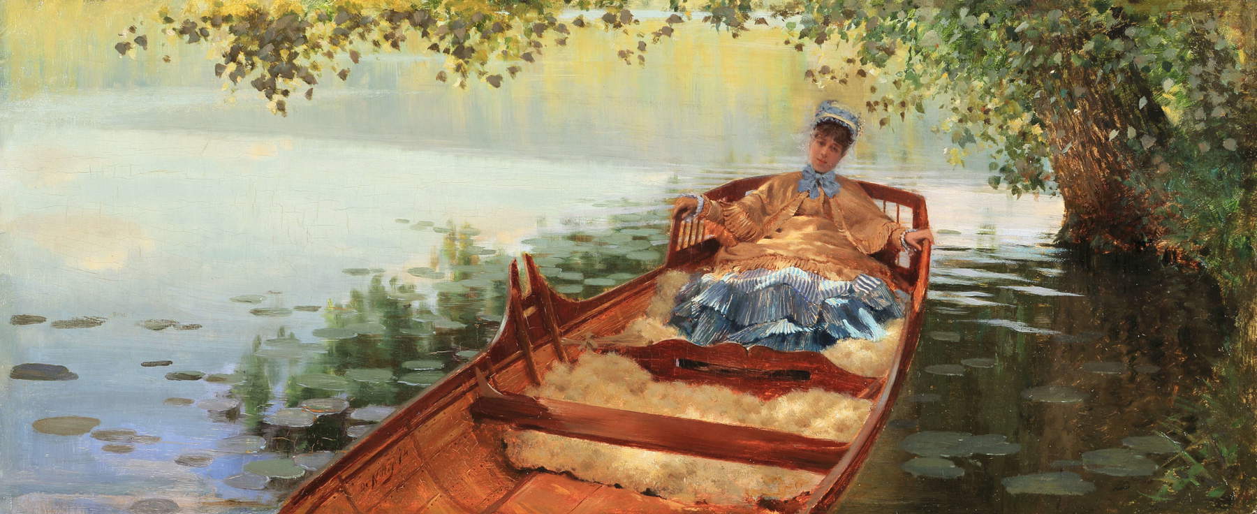 Giuseppe De Nittis, Leontine en una barcaza (1874; óleo sobre tabla, 24,9 x 60,2 cm; colección particular)