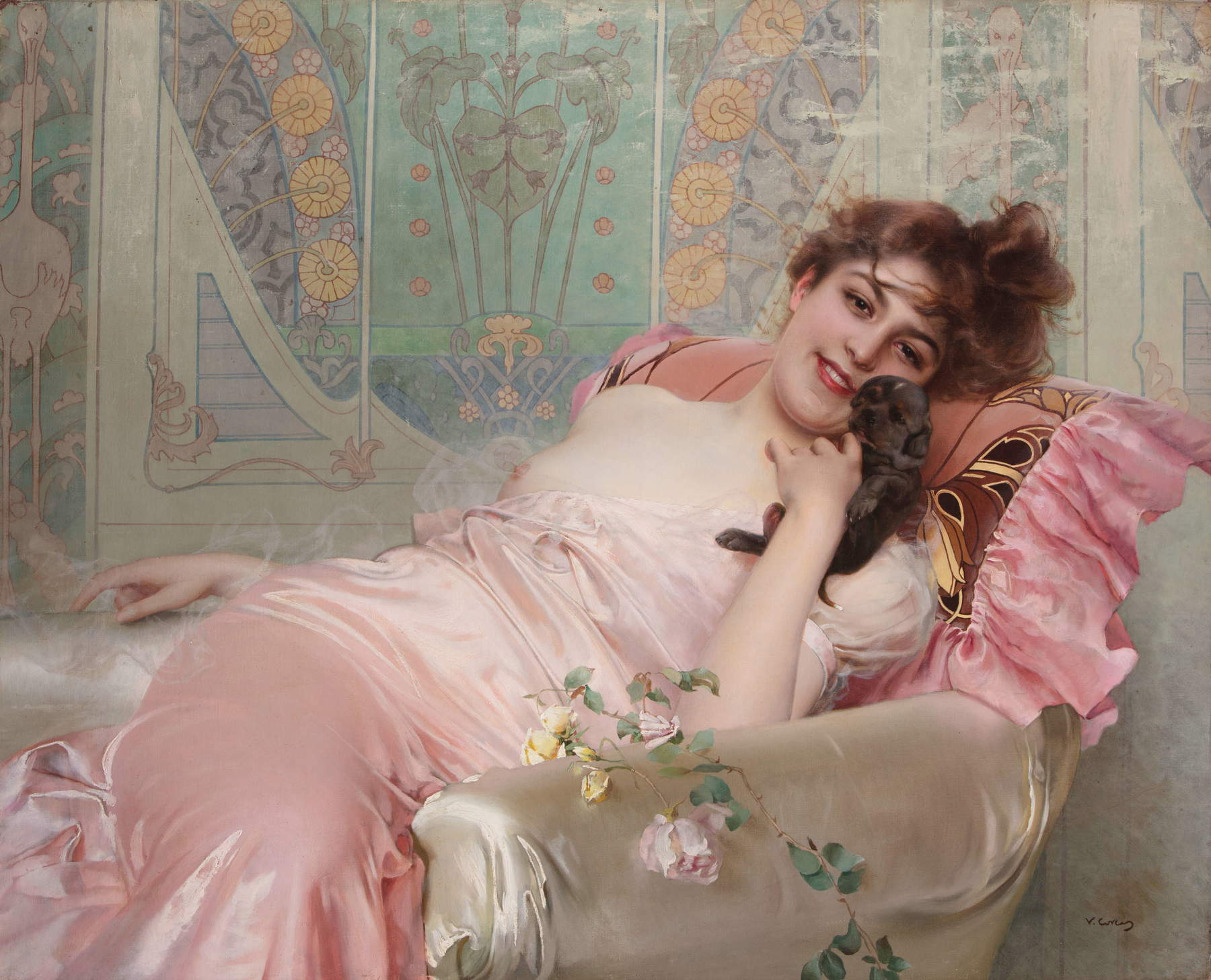 Vittorio Matteo Corcos, Dama con perrito (c. 1890; óleo sobre lienzo, 88 x 100 cm; Colección particular). Concesión del Museoarchivo Giovanni Boldini Macchiaioli
