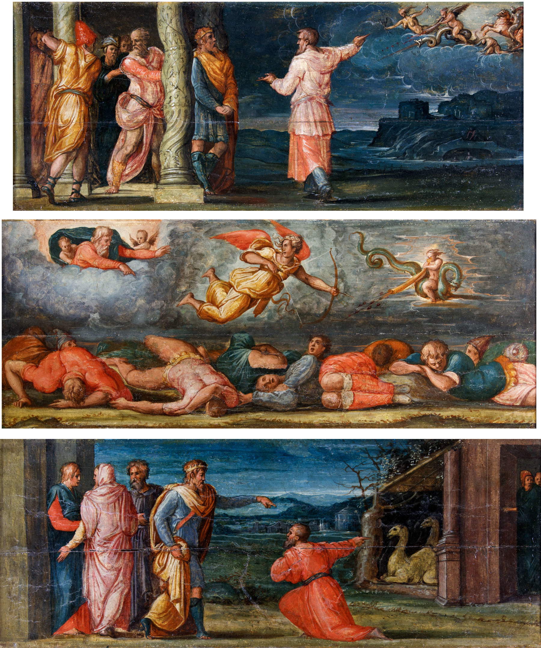 Giorgio Vasari, Predella of the St. Rocco Altarpiece, three panels: David and the prophet Gad; Yahweh sends pestilence on the people of Israel; David acquires land from Aravna (1536-1537; tempera and oil on panel, 35.8 x 74.4 cm each predella; Arezzo, Museo Diocesano di Arte Sacra). Photo: Valter Segnan. Mazzafirra