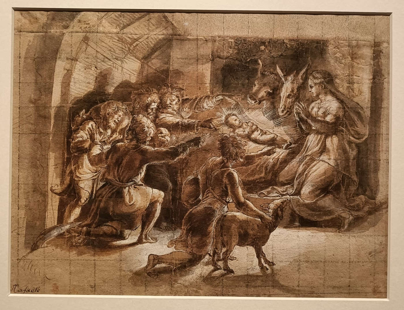 Giulio Pippi de' Ianuzzi, a.k.a. Giulio Romano, Adoration of the Shepherds (ante 1531; pen and ink drawing, brush watercolor, white lead, charcoal squaring, 245 x 328 mm; Rome, Istituto Centrale per la Grafica, inv. D-FC 124257 recto, Fondo Corsini, property of Accademia Nazionale dei Lincei)