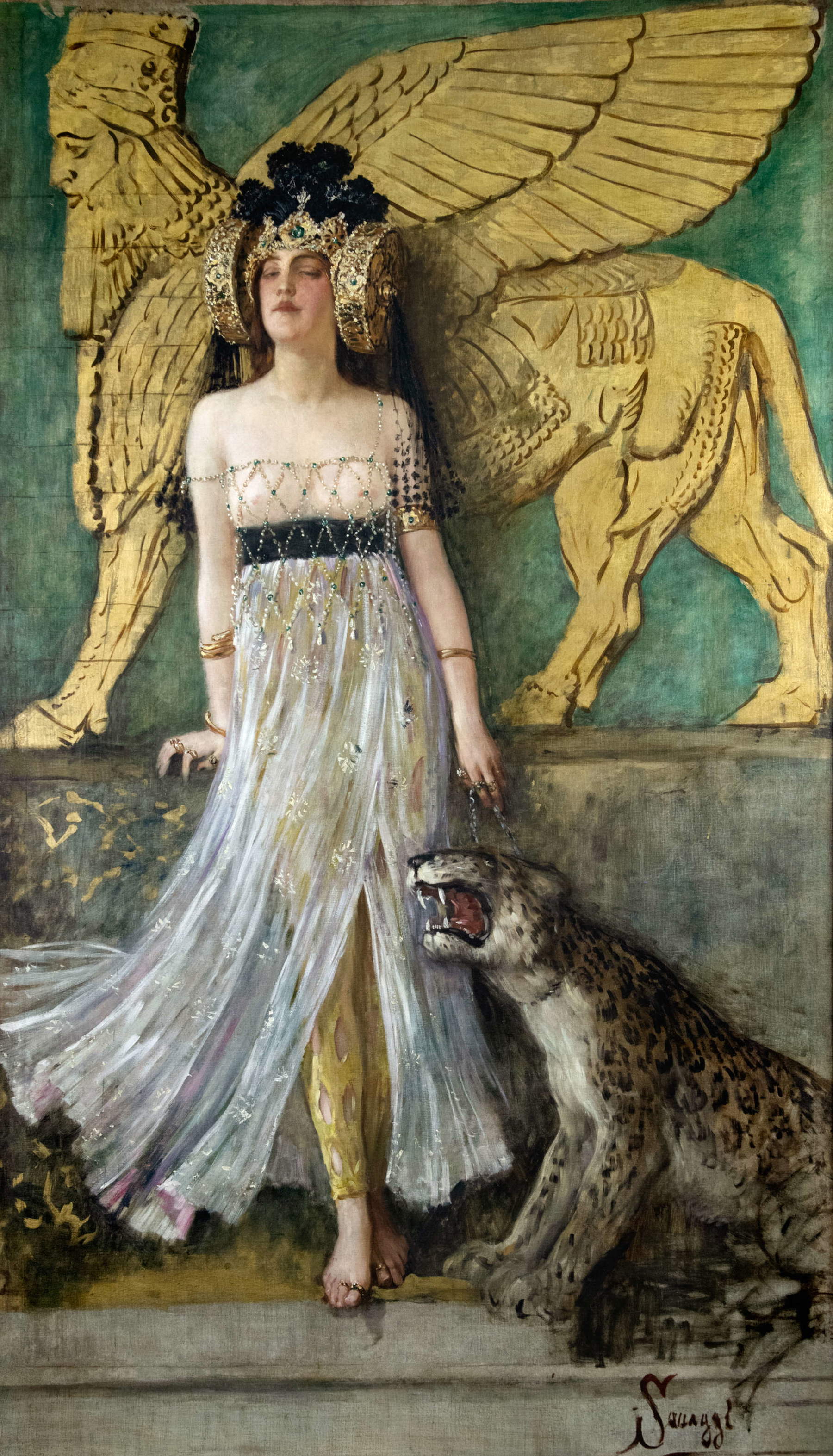 Cesare Saccaggi, À Babylone (Sémiramis) (vers 1905 ; huile sur toile avec or et pierres de couleur, 240 &times; 140 cm ; Turin, Musées royaux de Turin, Galerie Sabauda)