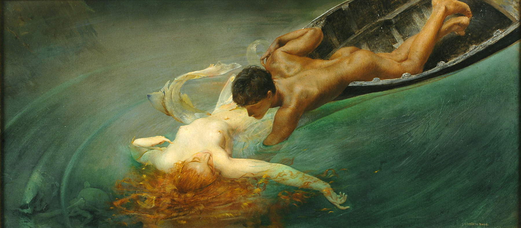 Giulio Aristide Sartorio, La sirène (gouffre vert) (1893 ; huile sur toile appliquée sur panneau, 71,5 &times; 143,5 cm avec cadre d'origine ; Turin, GAM - Galleria Civica d'Arte Moderna e Contemporanea)