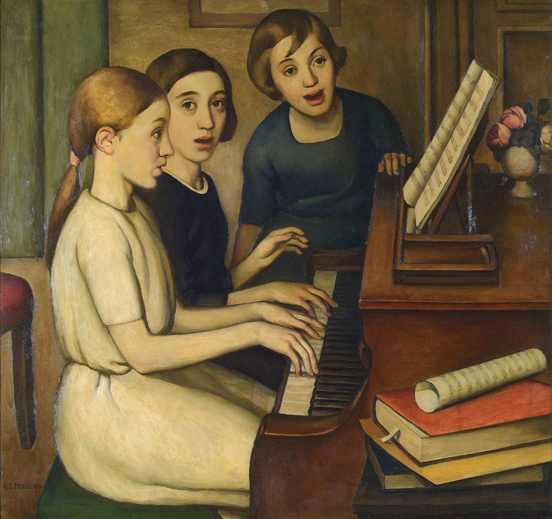 Emilio Malerba, Bambine (Filles au piano, leçon de musique) (1924 ; huile sur toile, 90 &times; 95 cm ; collection privée). Photo : Luca Carr&agrave;