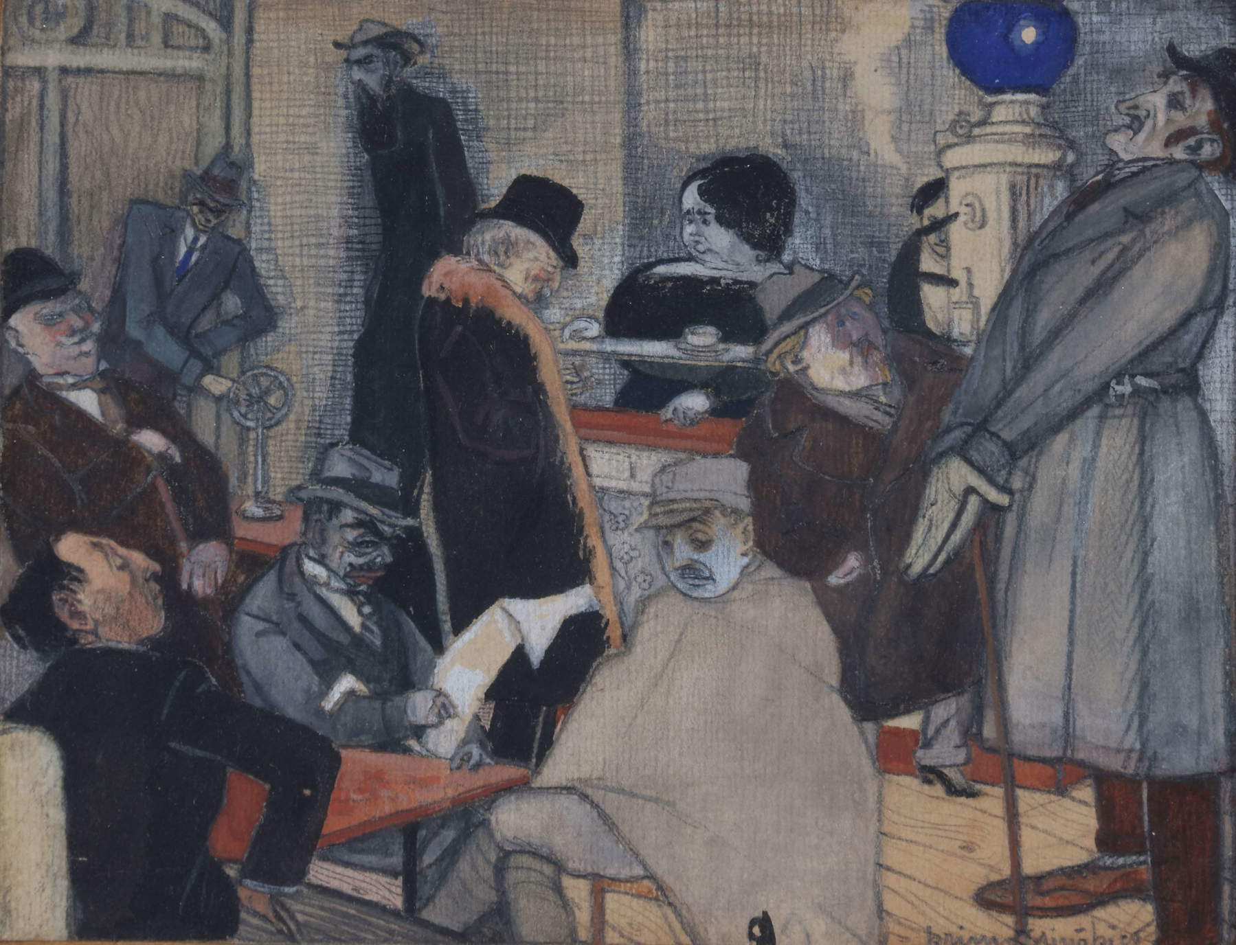 Primo Sinopico, Malerba au café (1917 ; tempera et mine de plomb sur papier couché sur carton, 15 &times; 20 cm ; collection privée). Avec l'autorisation de M.M.M. Archivio Gian Emilio Malerba, Monza. Photo : Piero Pozzi