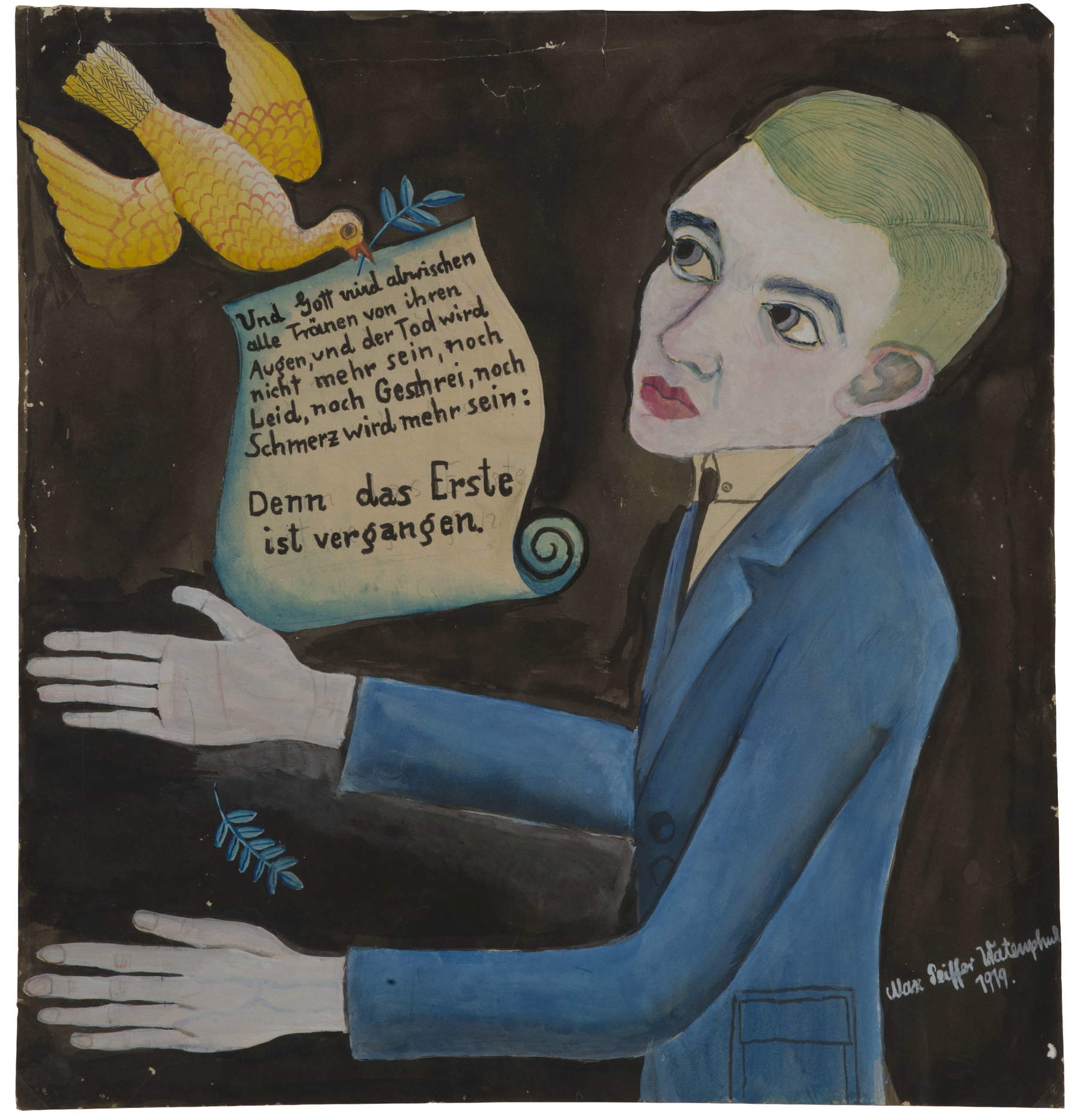 Max Peiffer Watenphul, Autoritratto con poesia (1919; acquarello e tempera, 51,5x49 cm). Su concessione di Fondazione Max Peiffer Watenphul