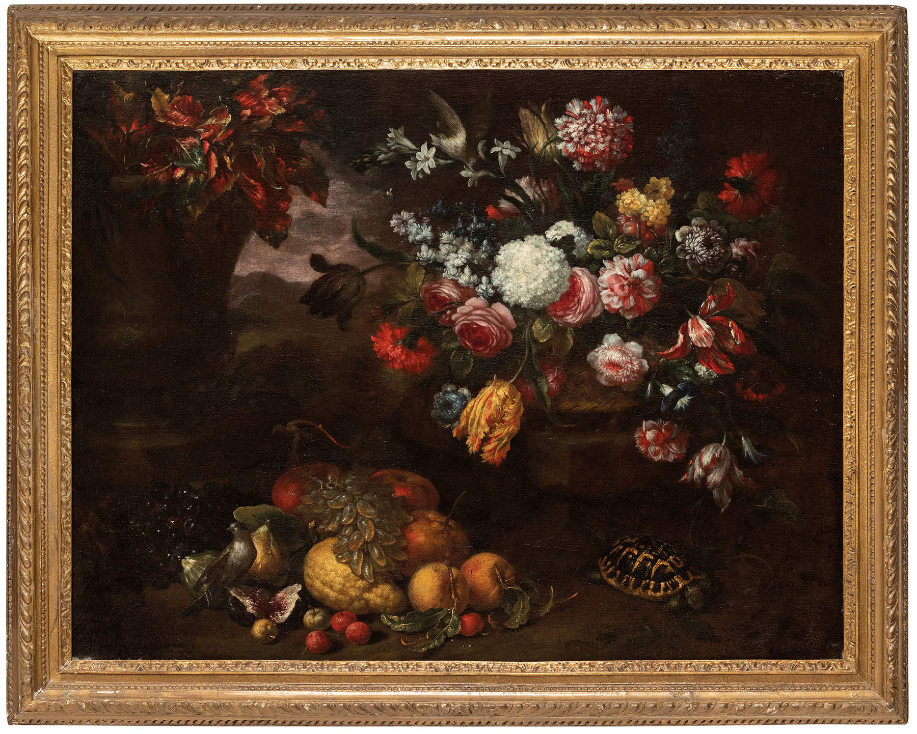 Bartolomeo Bimbi, Natura morta con fiori, frutta e tartaruga (olio su tela, 77,5 x 102 cm; Collezione privata)