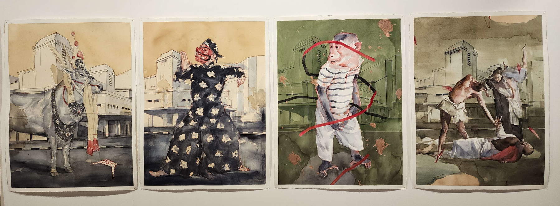 Agus Suwage, Voyage en Orient 1-4 (2025 ; aquarelle, jus de tabac, acrylique sur papier, 57,x 76 cm). Photo : Finestre sull'Arte