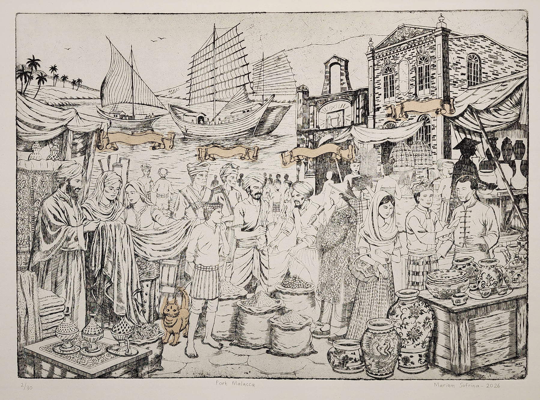 Mariam Sofrina, Port de Malacca (2026 ; gravure)