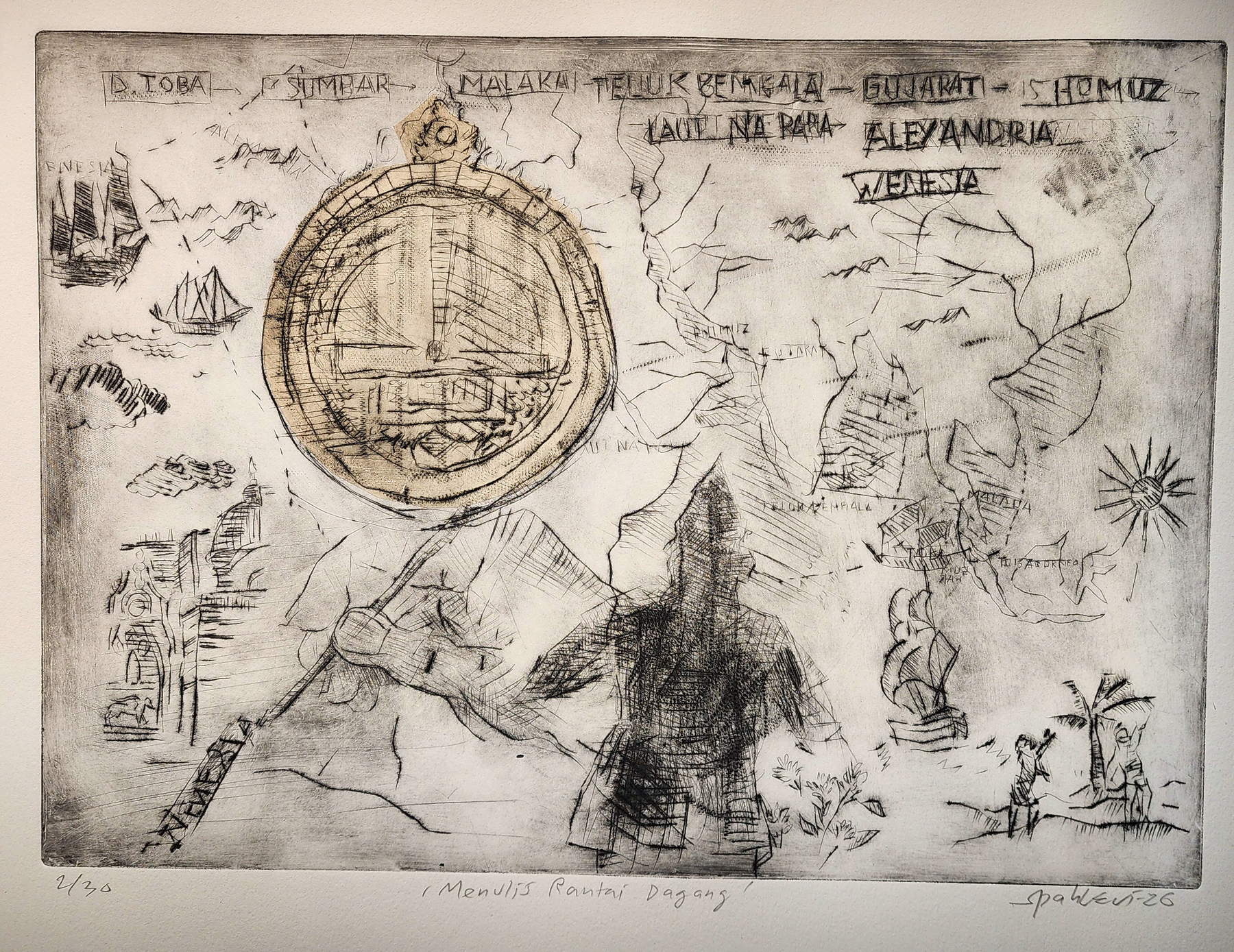 Syahrizal Pahlevi, The Navigator - Rewriting the Circle of the World (2026 ; gravure)