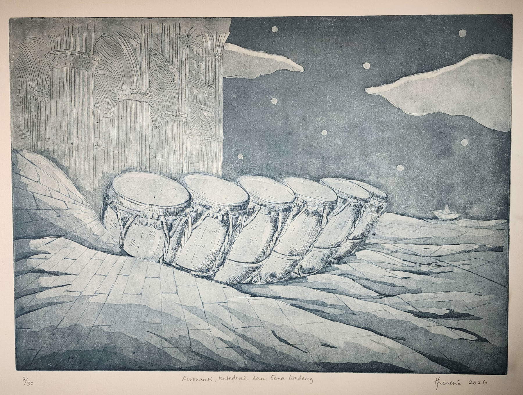 Theresia Agustina Sitompul, Les intellectuels - La cathédrale et l'écho du Gondang (2026 ; gravure)
