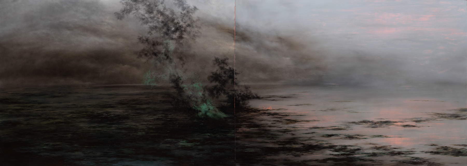 Enrico Minguzzi, Das Ende, der Anfang und das Verschwinden des Horizonts (2021; Öl auf Epoxidharz auf Leinwand, 100 x 280 cm)