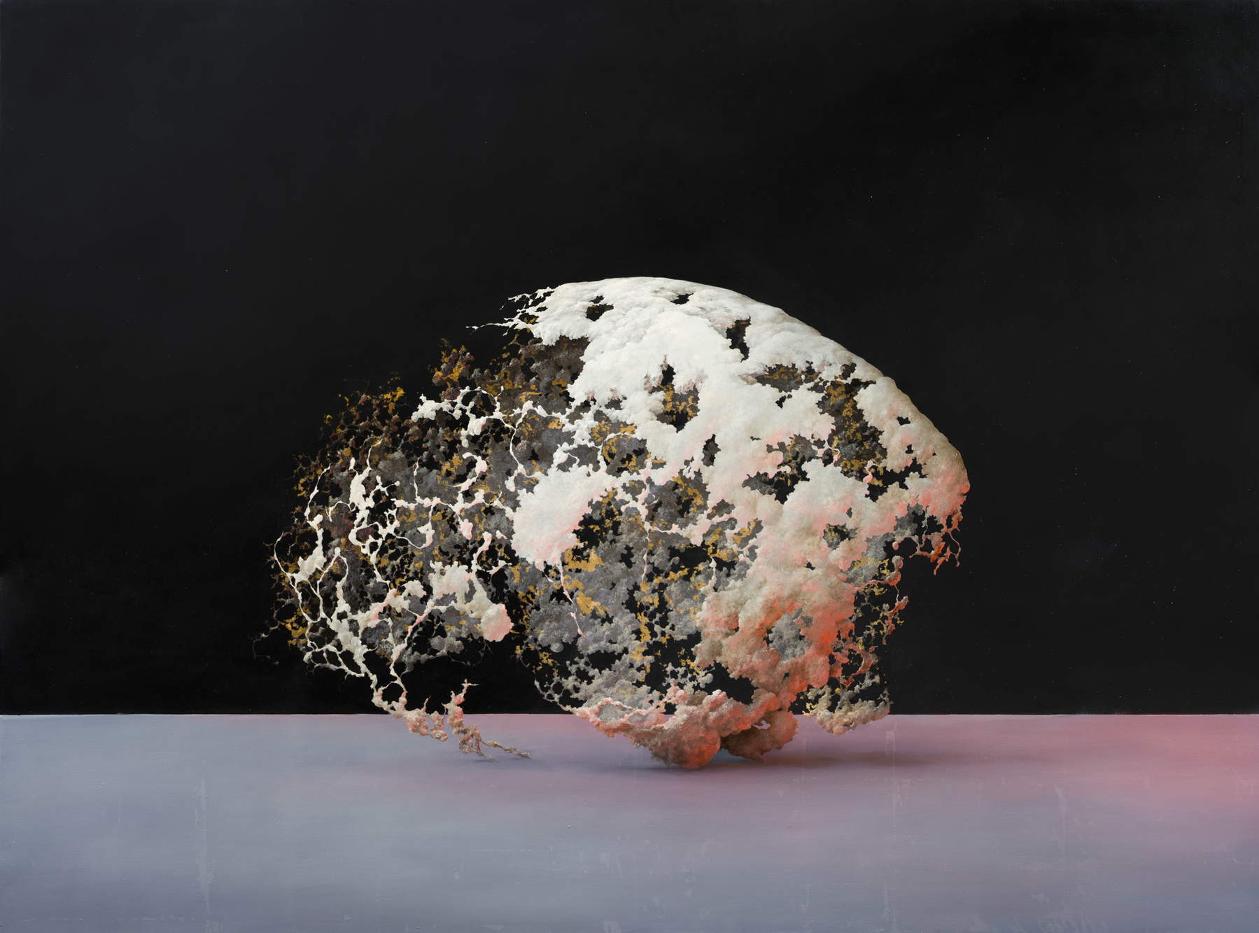 Enrico Minguzzi, Globus (2023; Öl und Blattgold auf Leinwand, 150 x 200 cm)