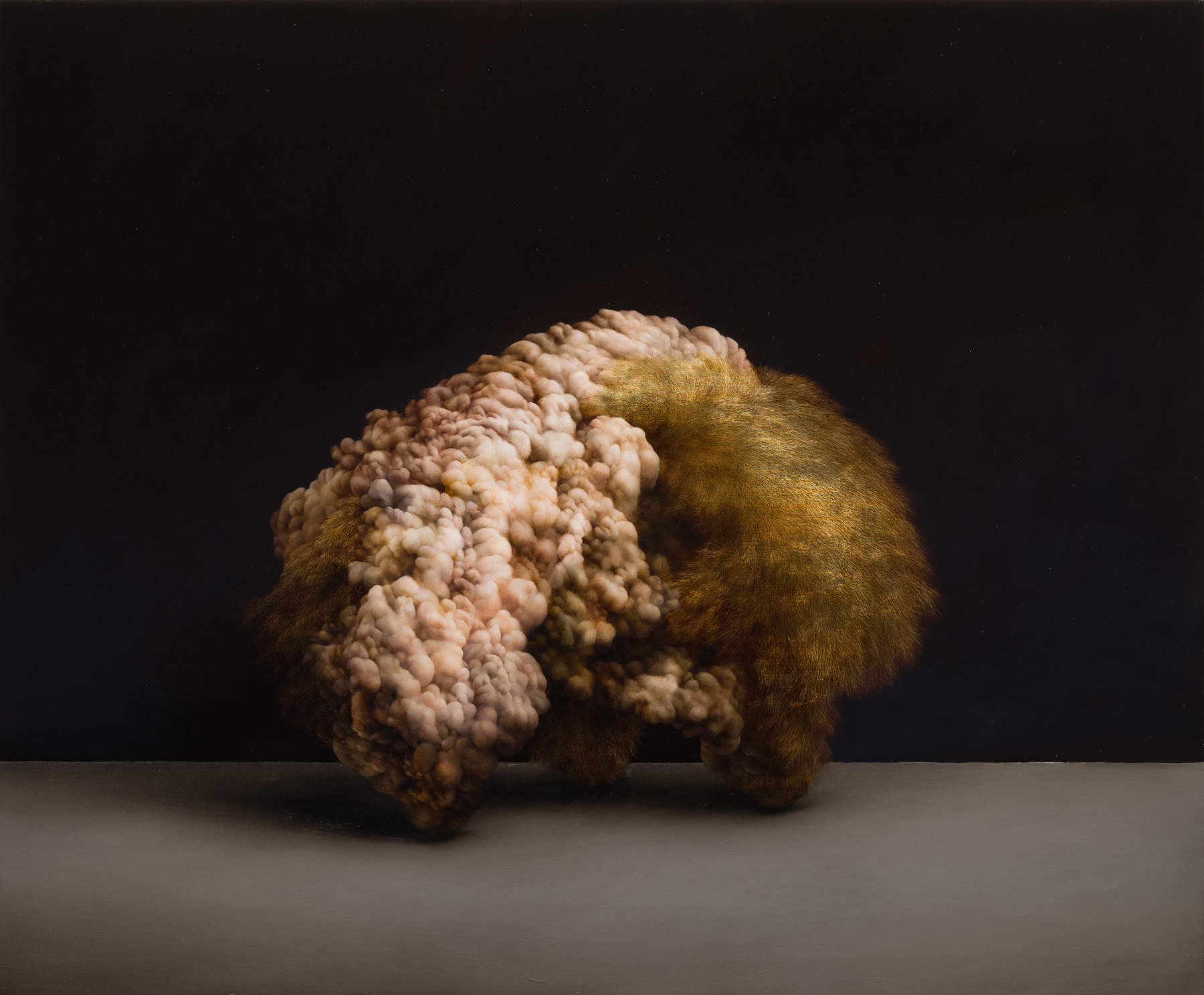 Enrico Minguzzi, A Shadow in Search of Light (2024; Öl, Blattgold und Epoxidharz auf Leinwand, 100 x 120 cm)