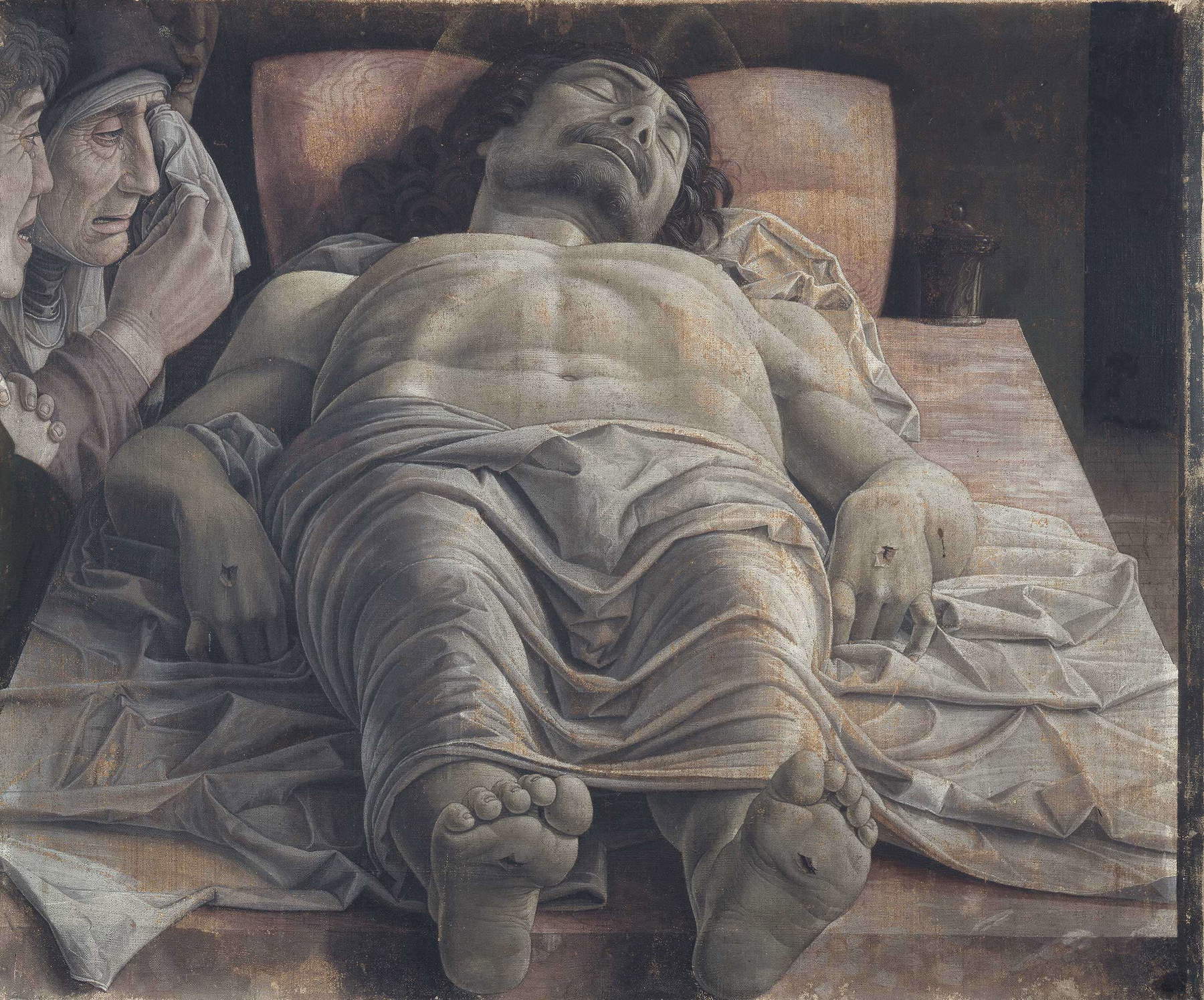 Andrea Mantegna, Der tote Christus (um 1475–1485; Tempera auf Leinwand, 68 × 81 cm; Mailand, Pinacoteca di Brera)