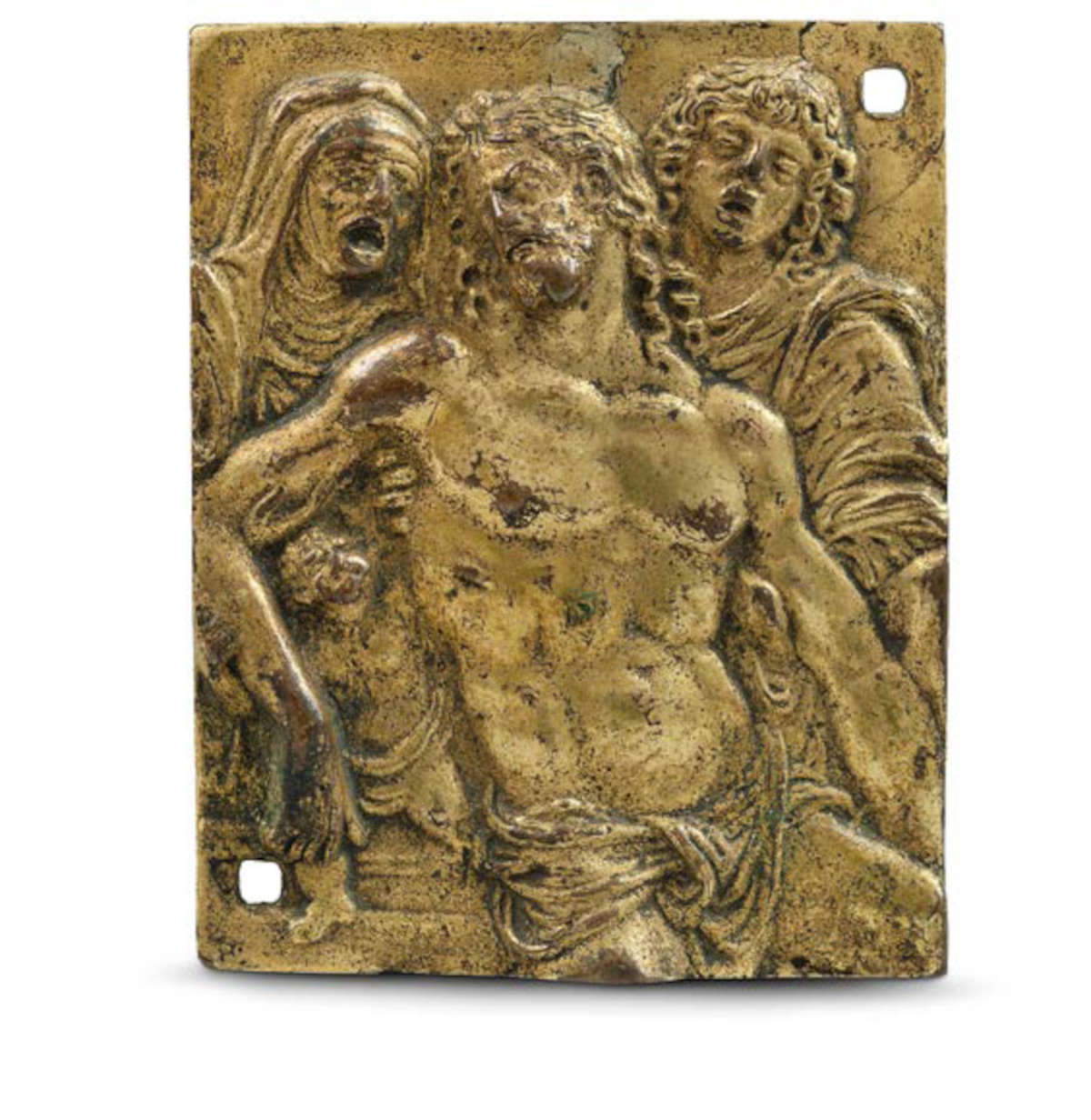 Galeazzo Mondella, genannt „Moderno“, Christus in der Piet&agrave; zwischen der Madonna und dem Heiligen Johannes dem Evangelisten (um 1500; Bronze, 71 &times; 57 mm; Turin, Palazzo Madama &ndash; Museo Civico d&rsquo;Arte Antica, Inv. 1208/B)