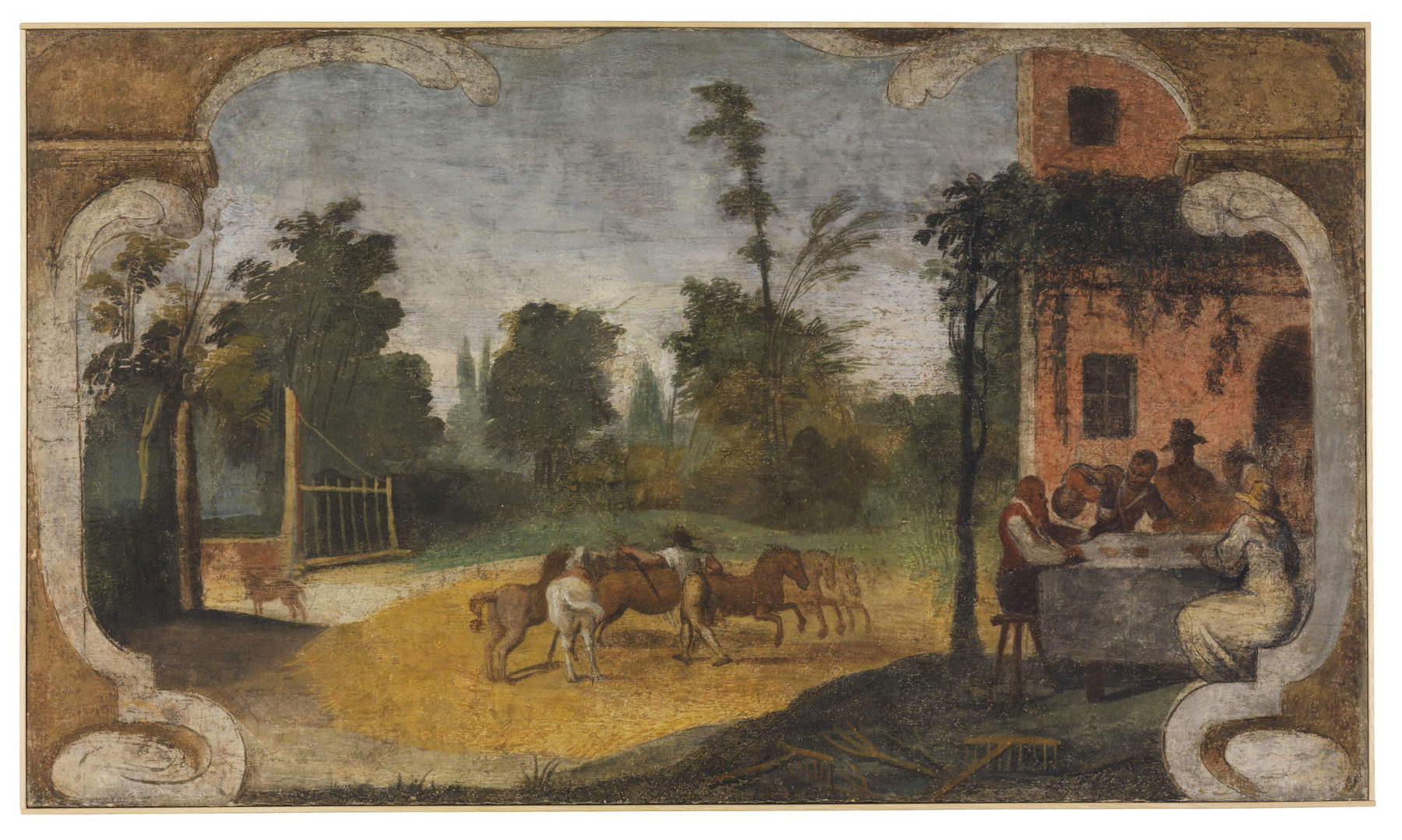 Guercino, Pitture murali di Casa Pannini, Aia di residenza campestre con battitura del grano e persone che festeggiano (1615-1617 circa; affresco riportato su tela, 66 &times; 114 cm; Cento, Pinacoteca Civica) &copy; Comune di Cento, su gentile concessione