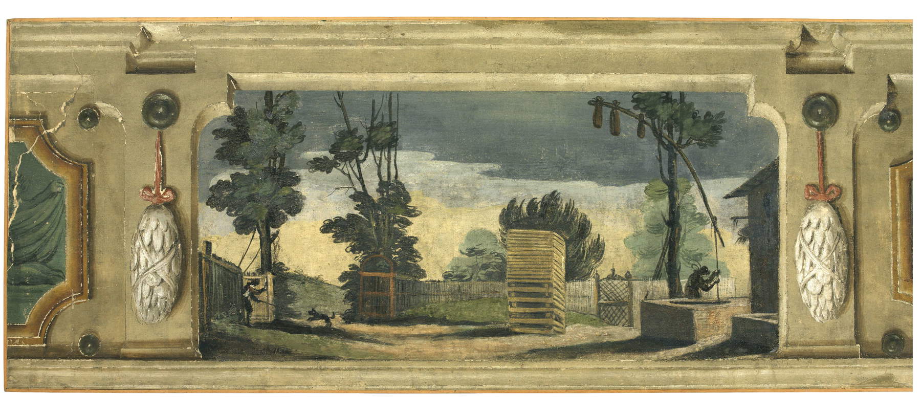 Guercino, Pitture murali di Casa Chiarelli gi&agrave; Benotti, Cortile campestre con pozzo, catasta di legna e cane che incontra una persona al cancello (1617 circa; affresco riportato su tela, 76 &times; 251 cm; Cento, Pinacoteca Civica) &copy; Comune di Cento, su gentile concessione