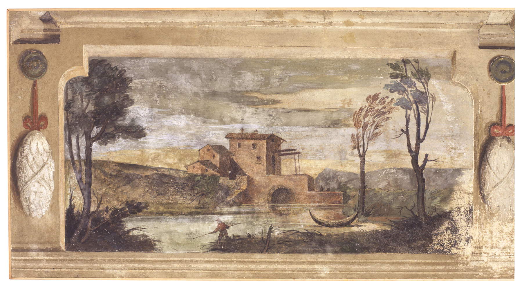 Guercino, Pitture murali di Casa Chiarelli gi&agrave; Benotti, Paesaggio campestre con corso d&rsquo;acqua, pescatore ed edificio con ponte levatoio (1617 circa; affresco riportato su tela, 76 &times; 226 cm; Cento, Pinacoteca Civica) &copy; Comune di Cento, su gentile concessione