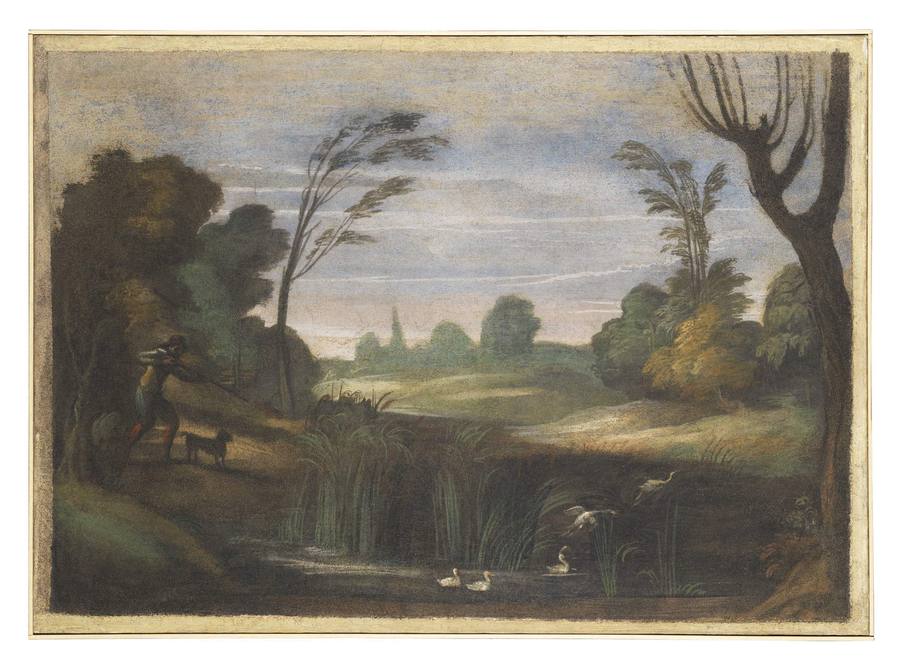 Guercino, Pitture murali di Casa Pannini, Paesaggio con cacciatore che spara alle anatre (1615-1617 circa; affresco riportato su tela, 72 &times; 101 cm; Cento, Pinacoteca Civica) &copy; Comune di Cento, su gentile concessione