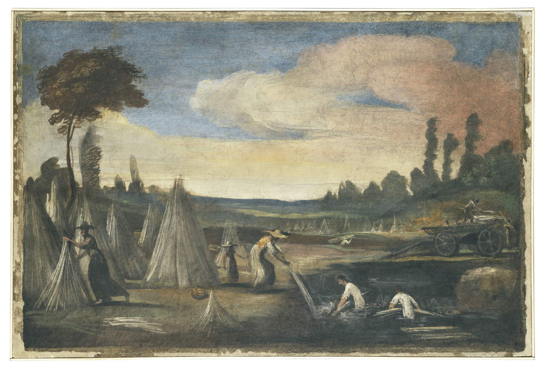 Guercino, Pitture murali di Casa Pannini, Paesaggio campestre con estrazione della canapa da un macero (1615-1617 circa; affresco riportato su tela, 72 &times; 108 cm; Cento, Pinacoteca Civica) &copy; Comune di Cento, su gentile concessione