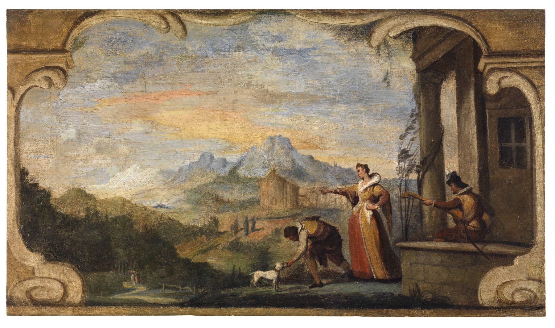 Guercino, Pitture murali di Casa Pannini, Paesaggio con figura femminile e due cavalieri accanto a un porticato (1615-1617 circa; affresco riportato su tela, 67 &times; 118 cm; Cento, Pinacoteca Civica) &copy; Comune di Cento, su gentile concessione