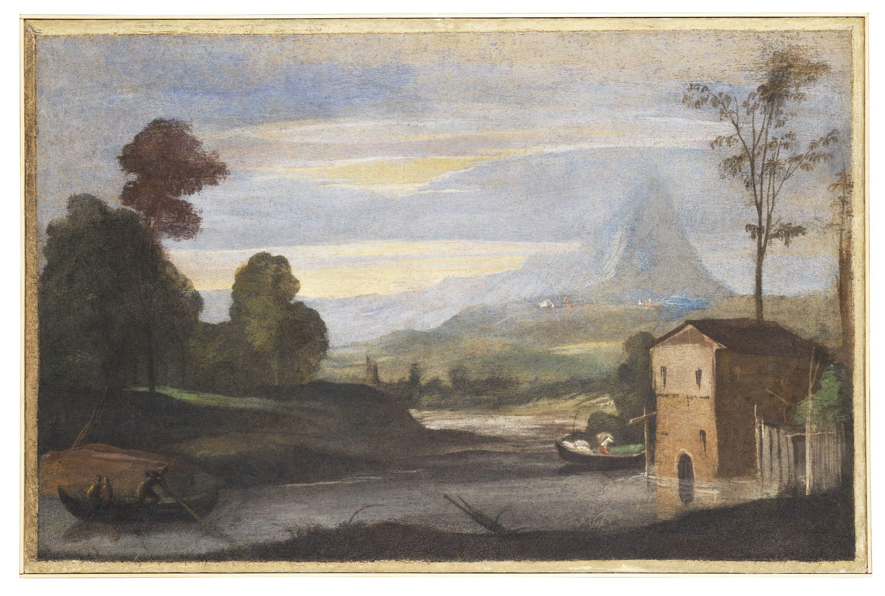 Guercino, Pitture murali di Casa Pannini, Paesaggio con fiume, due barche e un mulino (1615-1617 circa; affresco riportato su tela, 72 &times; 109 cm; Cento, Pinacoteca Civica) &copy; Comune di Cento, su gentile concessione
