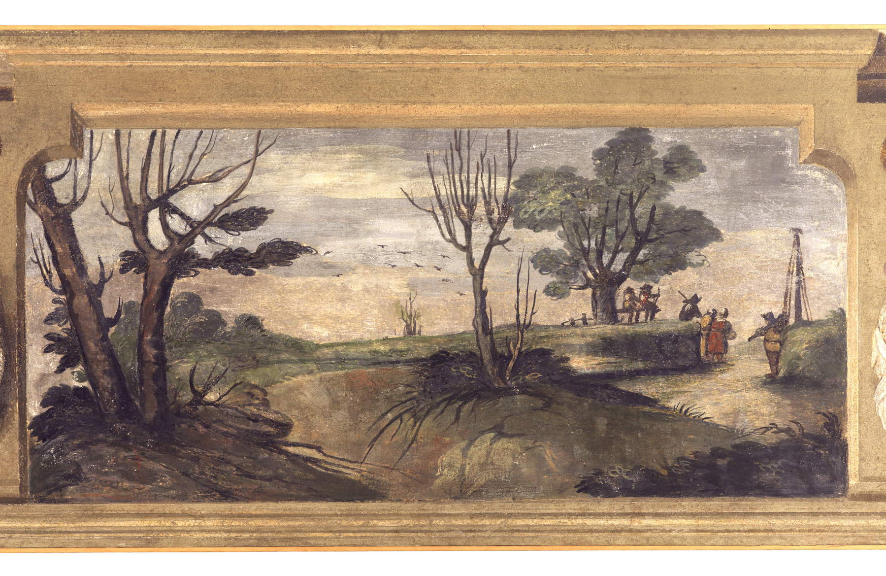 Guercino, Pitture murali di Casa Chiarelli gi&agrave; Benotti, Veduta campestre con alberi, corso d&rsquo;acqua e viandanti che attendono di salire su un&rsquo;imbarcazione (1617 circa; affresco riportato su tela, 76 &times; 226 cm; Cento, Pinacoteca Civica) &copy; Comune di Cento, su gentile concessione