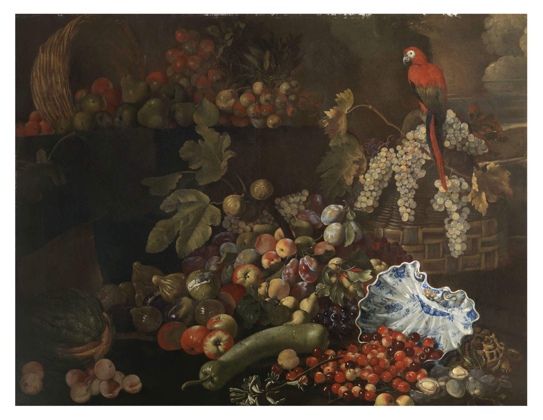 Giuseppe Ruoppolo, Still Life with Fruit, Pumpkins, a Parrot, a Turtle, and a Majolica Soup Bowl (1670–1680; oil on canvas, 99 x 127.5 cm; Vaglia, Fondazione De Vito, inv. 21)