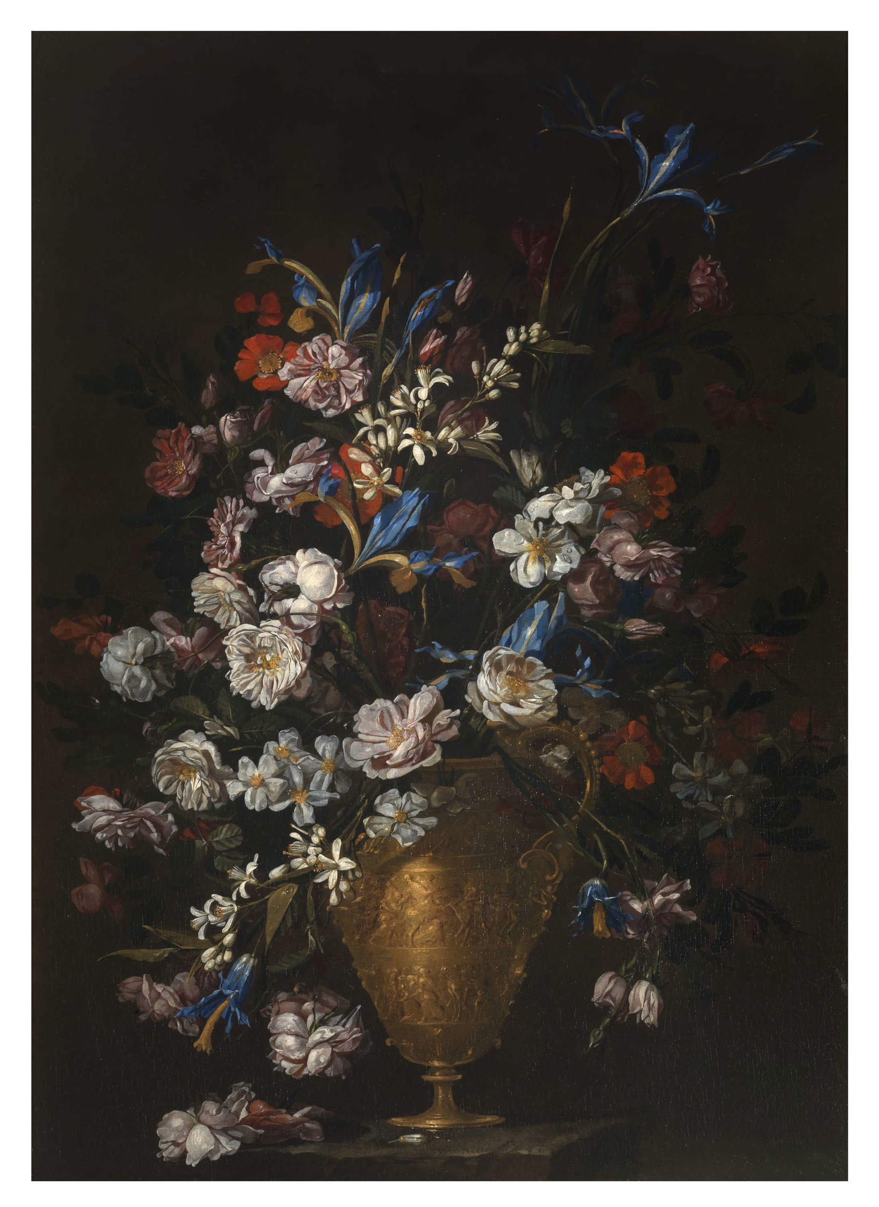 Luca Forte, Vase of Flowers Depicting Roses and Irises (1649; oil on canvas, 115 x 81 cm; Vaglia, De Vito Foundation, inv. 12)