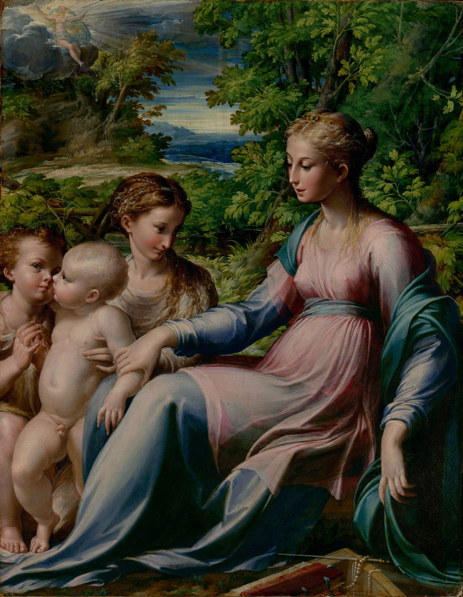 Parmigianino, Madonna col Bambino, san Giovannino e santa Maria Maddalena (1535-1540 circa; olio su carta trasportata su tavola, 75,5 x 59,7 cm; Los Angeles, Getty Museum)