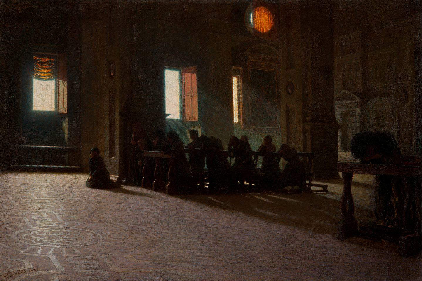 Angelo Morbelli, Credenti&hellip; incensum Domine!&hellip; (1892; olio su tela, 80 x 120 cm; Tortona, Pinacoteca Il Divisionismo)