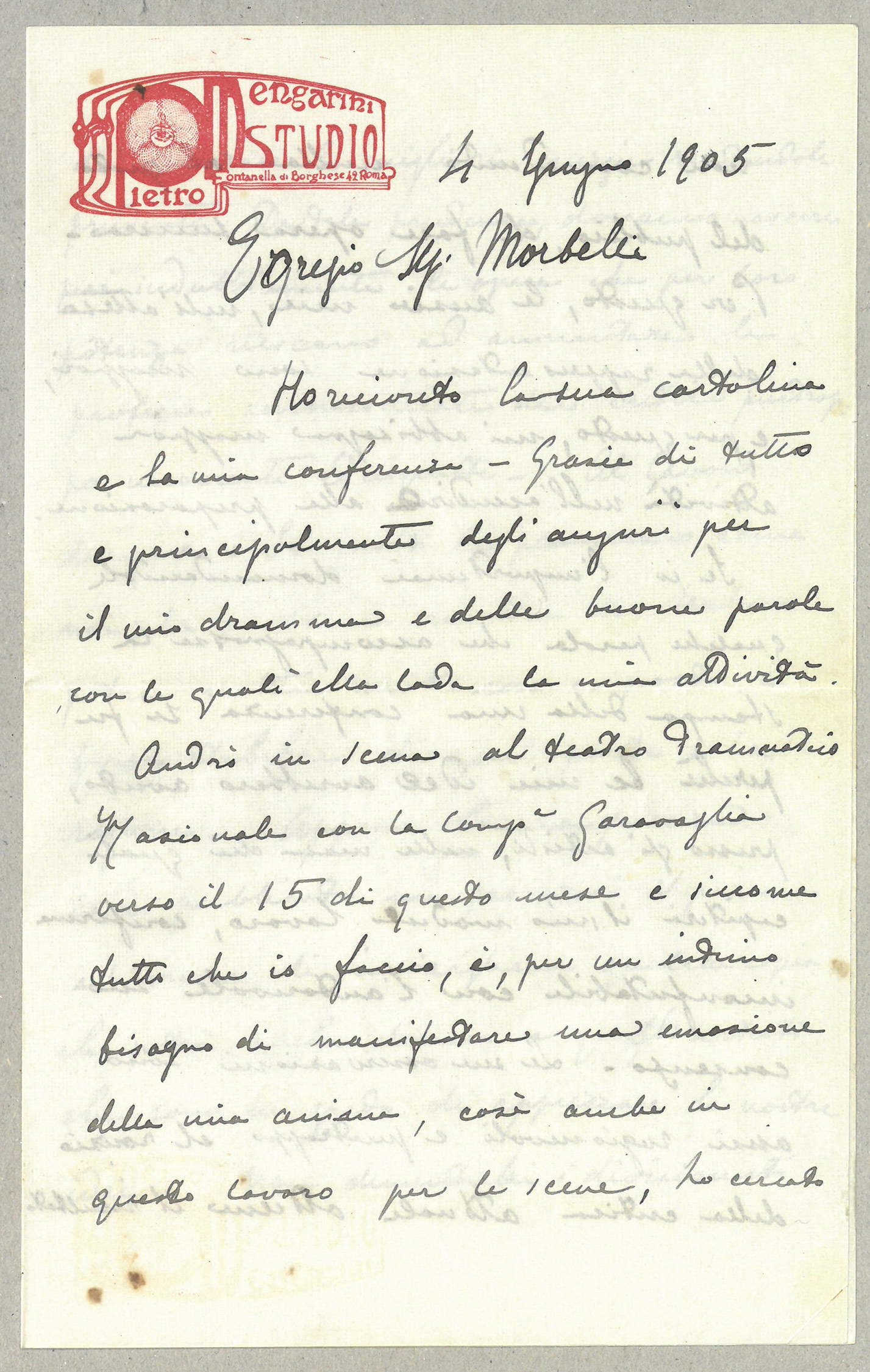 Lettera di Pietro Mengarini ad Angelo Morbelli (4 giugno 1905; Fondo Angelo Morbelli)