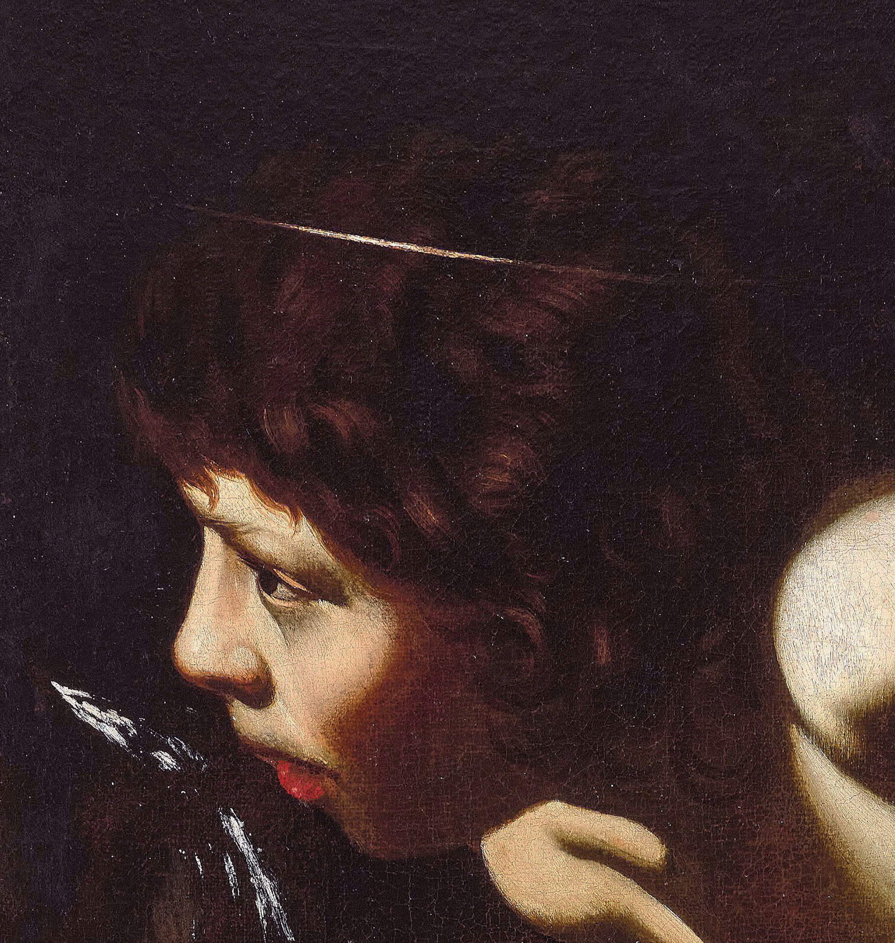 Detailansicht des Kopfes des Heiligen Giovannino in dem neuen Exemplar aus einer Privatsammlung, bei dem sich an der Oberseite noch eine ganz leichte Spur der elliptischen Ausläufer des Heiligenscheins erkennen lässt. Außerdem fällt die extreme Skizzenhaftigkeit auf, mit der die Haarsträhnen angedeutet wurden. In den letzten Jahren hielt Caravaggio es für sinnlos, dem, was im fertigen Werk gar nicht auffällt – insbesondere den dunklen Haaren –, besondere Sorgfalt zu widmen, und beschränkte sich auf wenige wesentliche und grobe Pinselstriche auf formlosen, manchmal nicht einmal definierten Farbflächen, wie bei diesem Heiligen Giovannino. Eine Freiheit, die sich die Kopisten natürlich nicht leisten konnten.