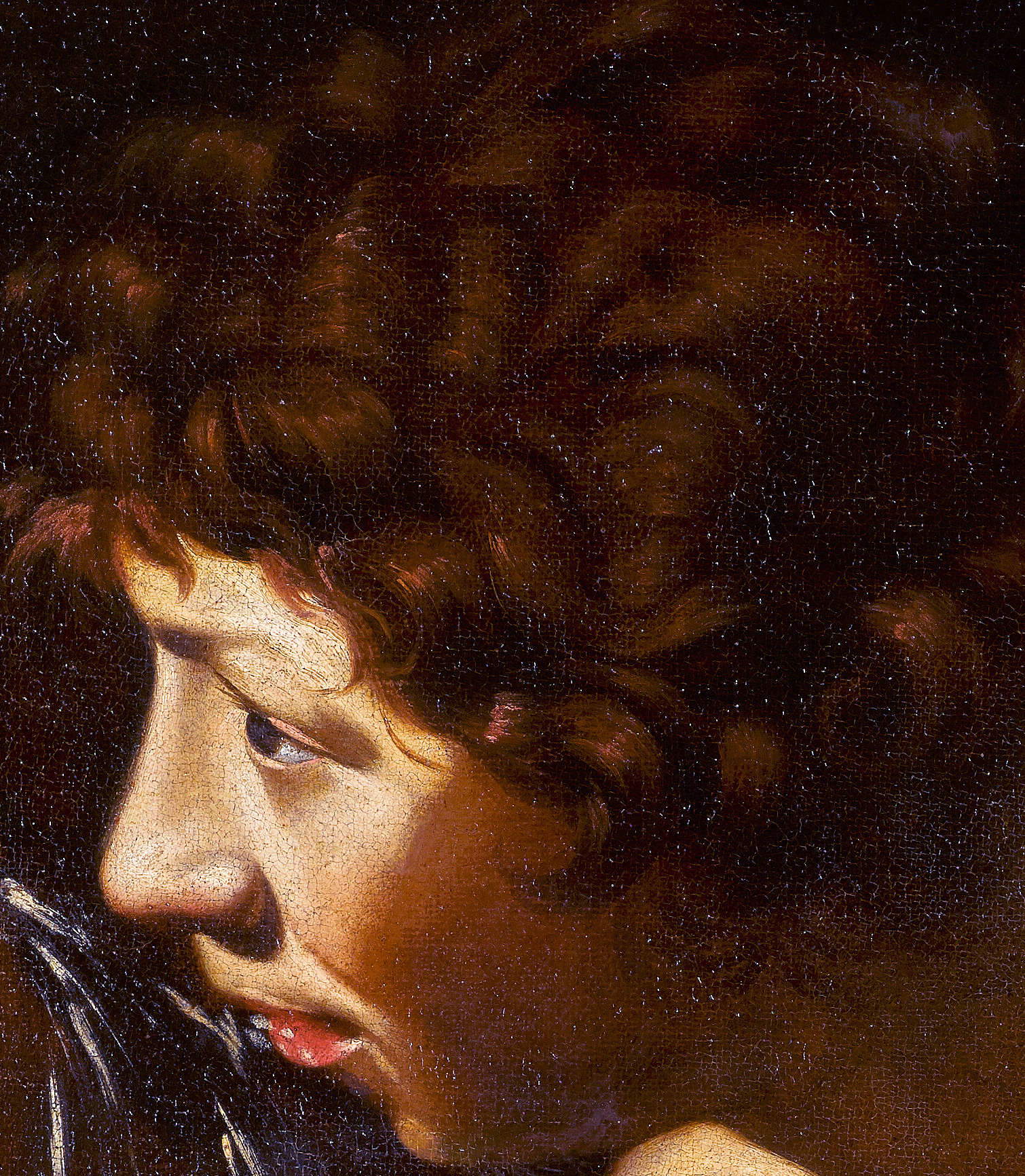 Kopie nach Caravaggio, Detailansicht des Kopfes des kleinen Johannes, 2019 bei Sotheby’s versteigert