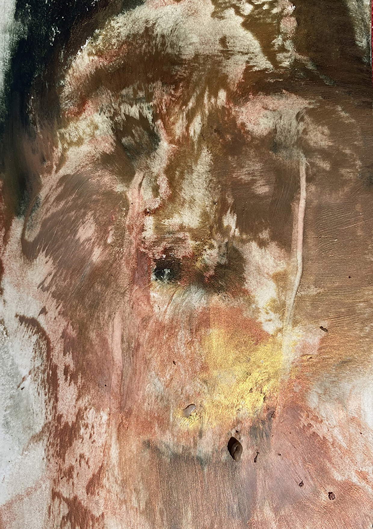 Sofia Bersanelli, „Warum schaust du mich an und weinst? Ein Teil meines Blutes?“, aus der Serie „Blindness“ (2025; Öl auf Papier, 10,5 x 14,8 cm)