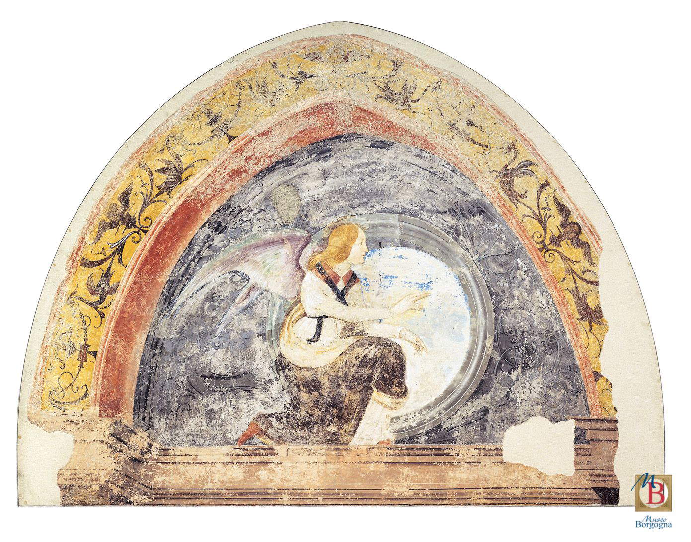 Eusebio Ferrari, L&rsquo;Ange annonciateur (vers 1506-1507 ; fresque décollée et reportée sur un châssis à âme creuse au format de lunette avec une simple bordure métallique, 215,3 &times; 283,9 cm ; Vercelli, Fondation Musée Francesco Borgogna, en dépôt provenant de l&rsquo;ancien couvent de Santa Maria delle Grazie, ou de la Visitation, à Vercelli, aujourd&rsquo;hui aux Archives d&rsquo;État)