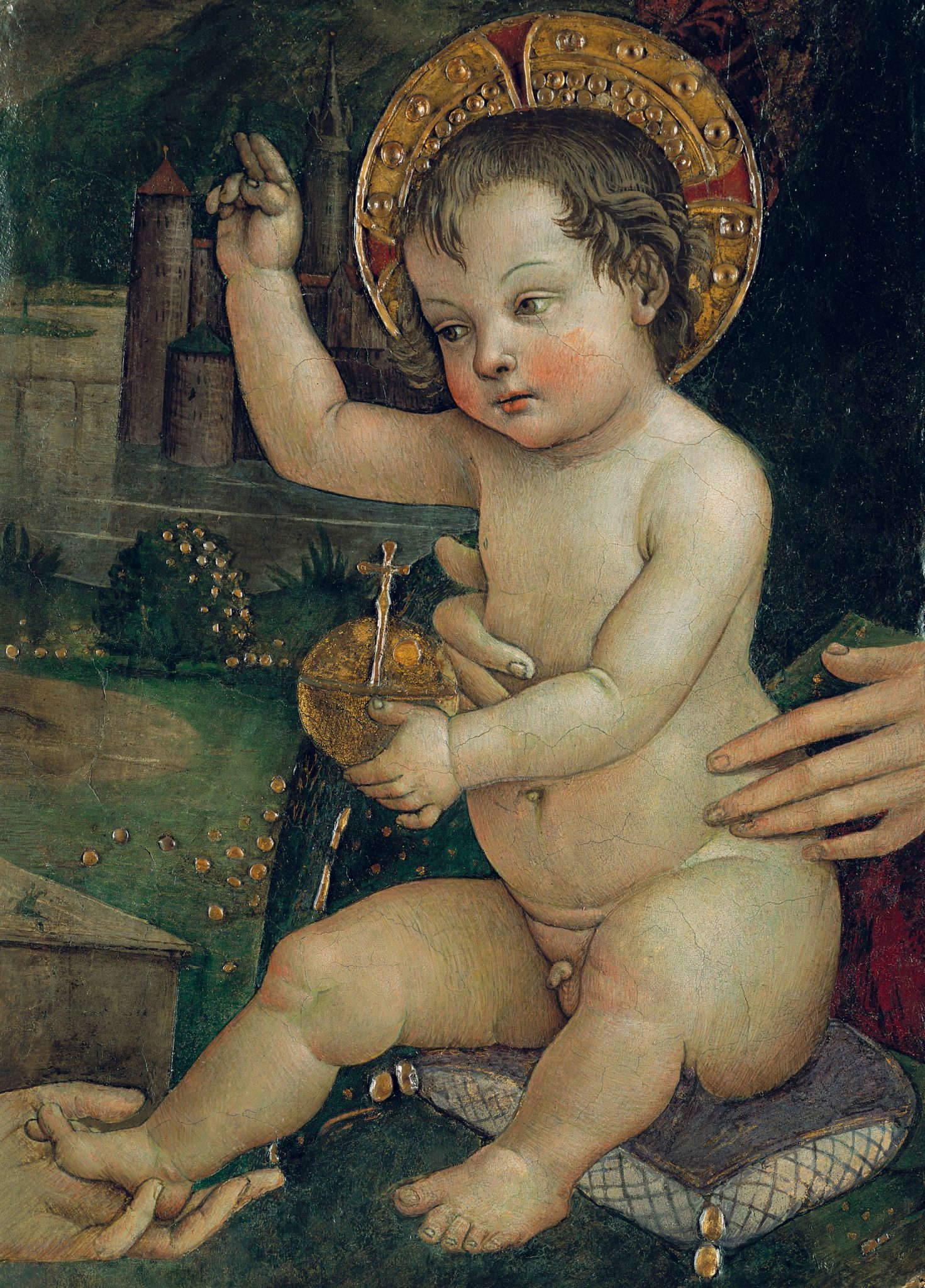 Bernardino di Betto, dit le Pintoricchio, L&rsquo;Enfant Jésus aux mains (1492-1493 ; peinture murale détachée en bloc, 48,5 &times; 33,5 &times; 6,5 cm ; cadre en bois doré &agrave; plusieurs rangées de sculptures, datant de la seconde moitié du XVIIe siècle, 73 &times; 59 cm ; Pérouse, Fondation Guglielmo Giordano)